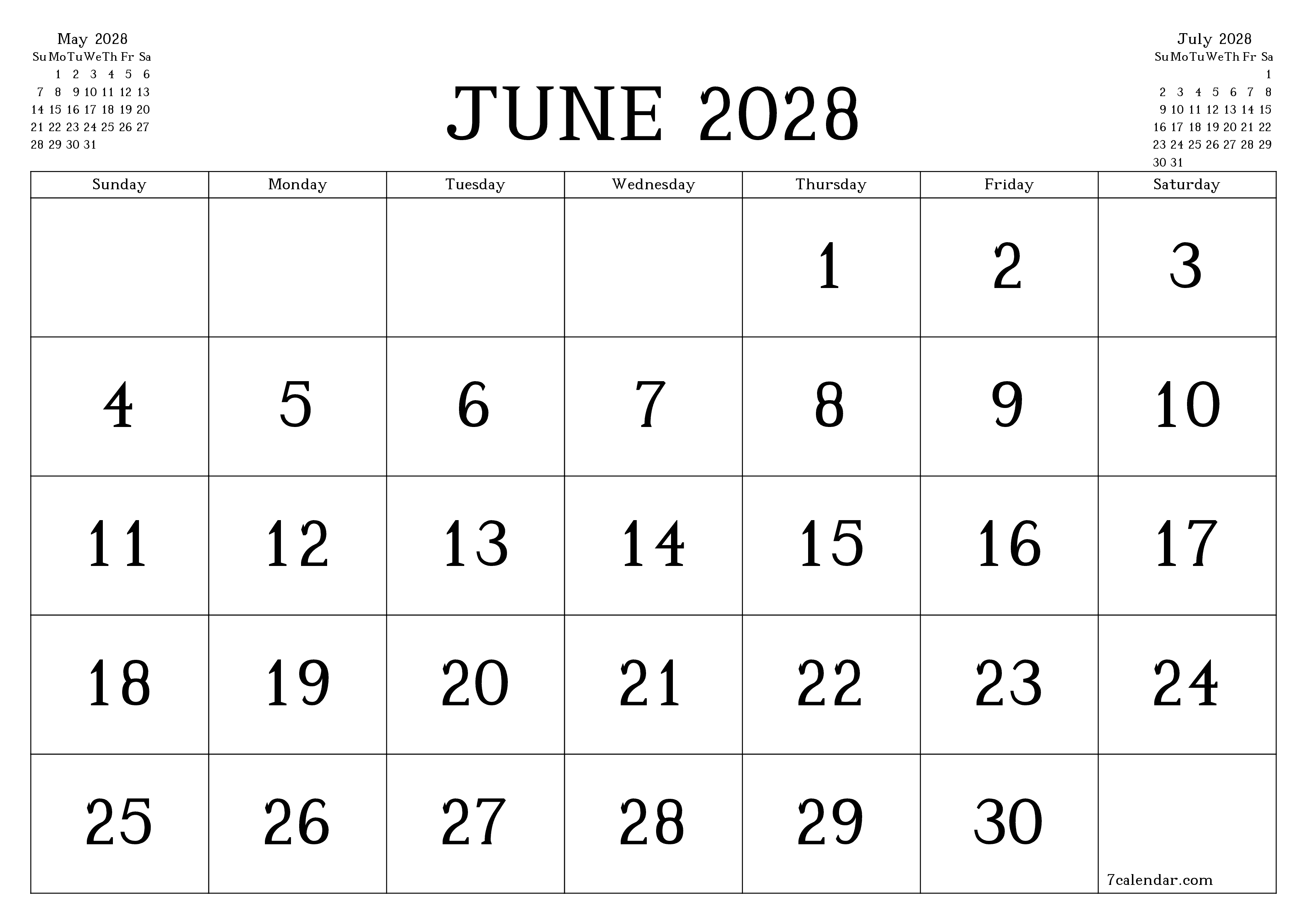 Blank calendar June 2028