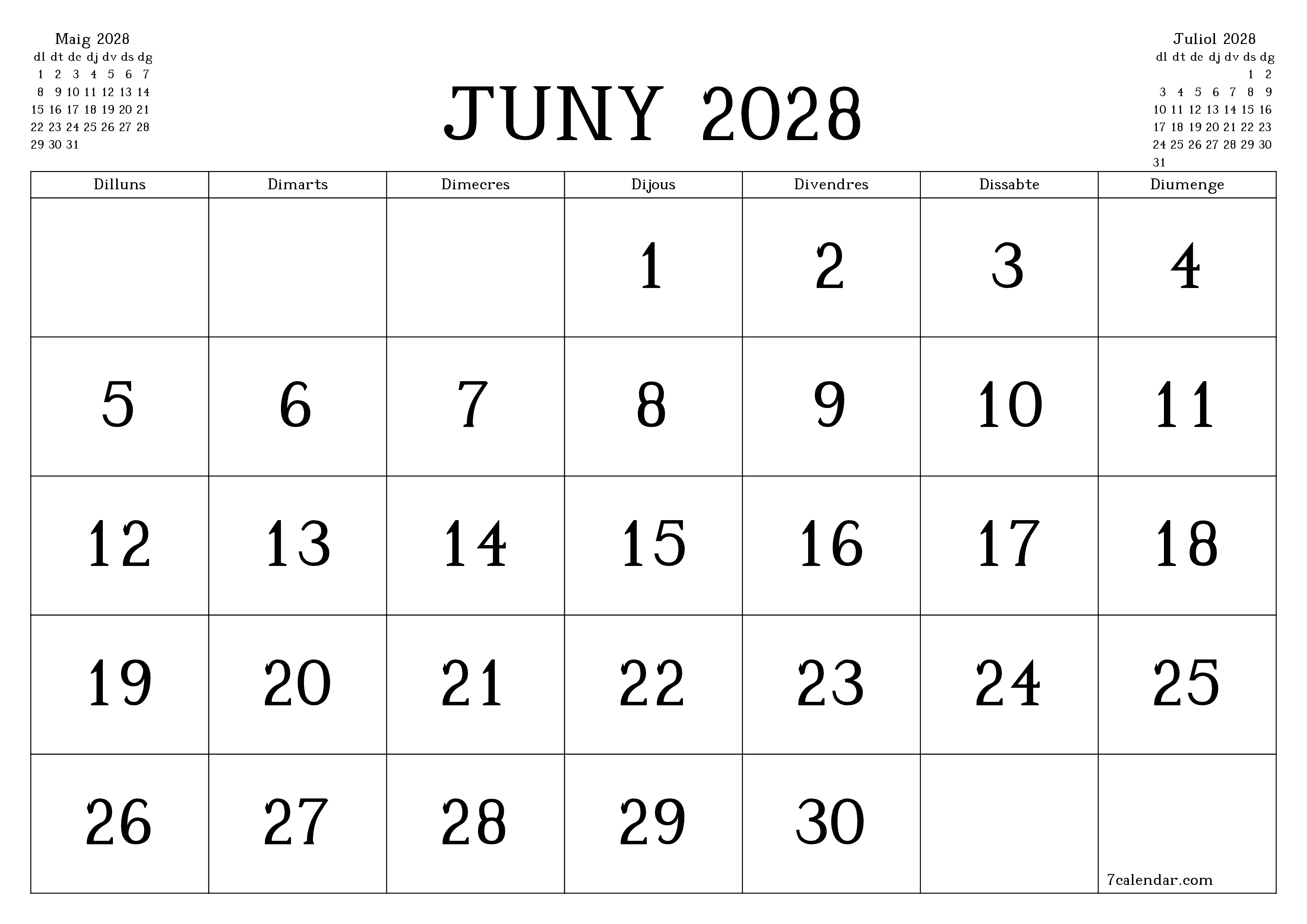 Planificador mensual buit del mes Juny 2028 amb notes, deseu-lo i imprimiu-lo en format PDF PNG Catalan