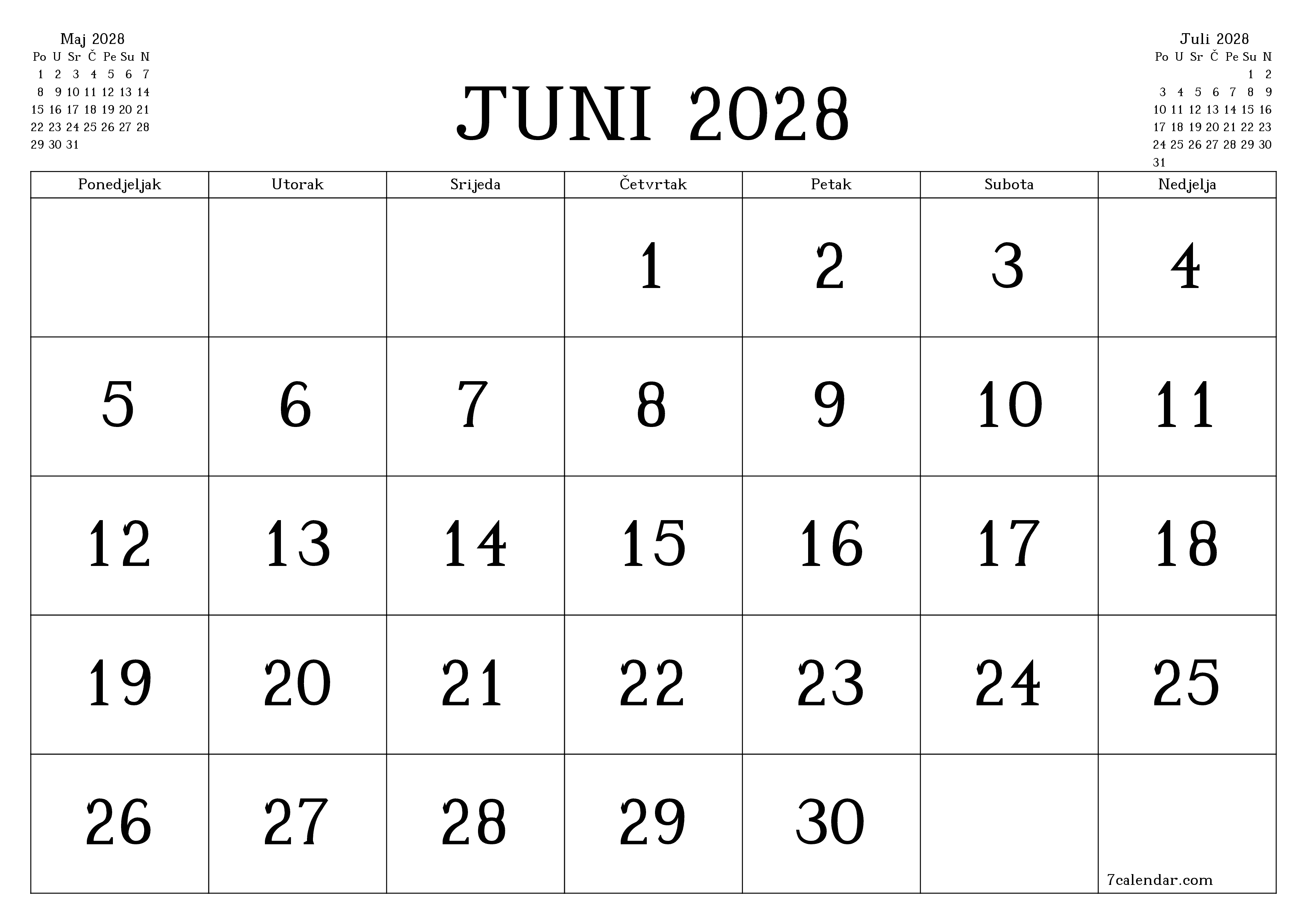 Ispraznite mjesečni planer za mjesec Juni 2028 s bilješkama, spremite i ispišite u PDF PNG Bosnian