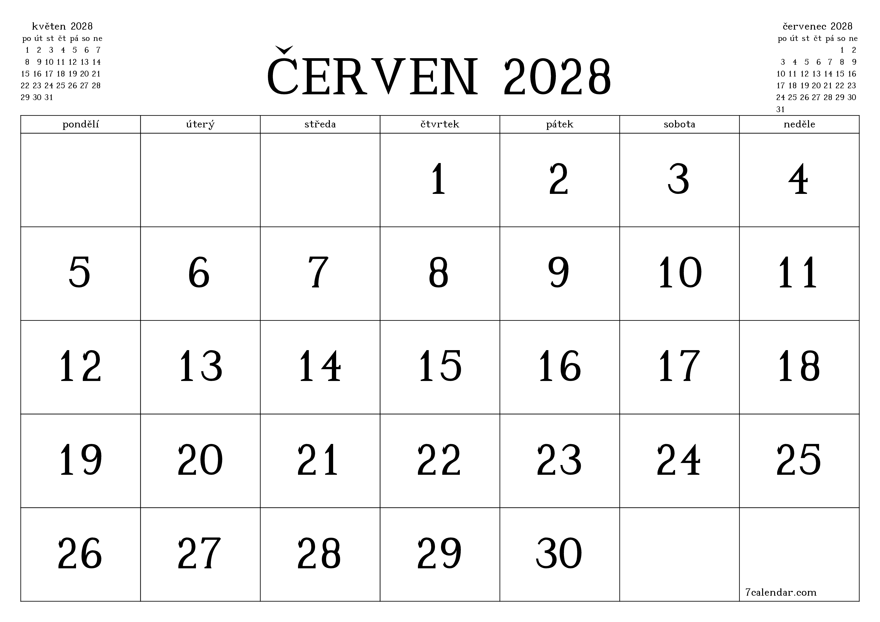 Vyprázdnit měsíční plánovač na měsíc červen 2028 s poznámkami, uložit a vytisknout do PDF PNG Czech