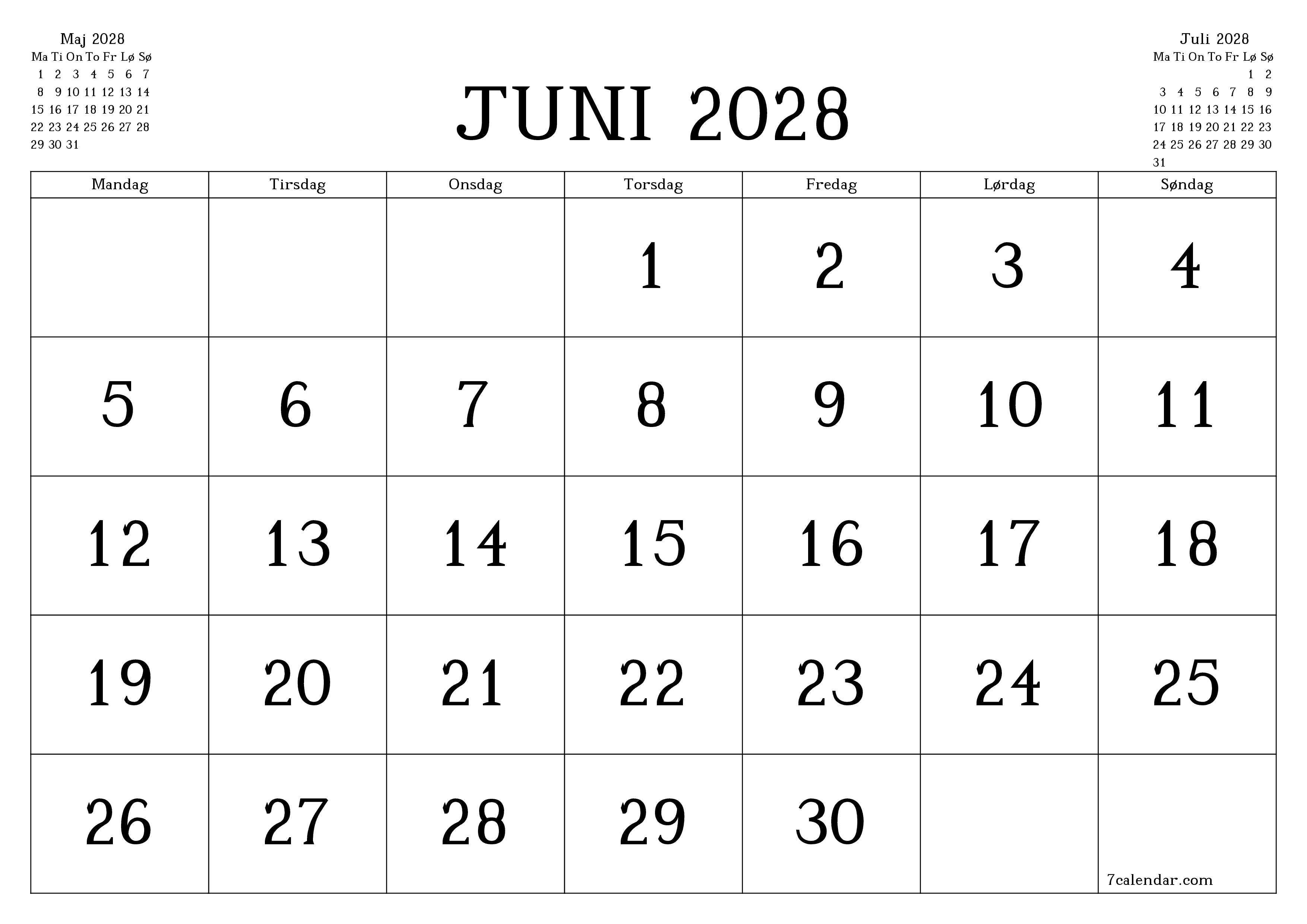 Tom månedlig planlægning for måned Juni 2028 med noter, gem og udskriv til PDF PNG Danish