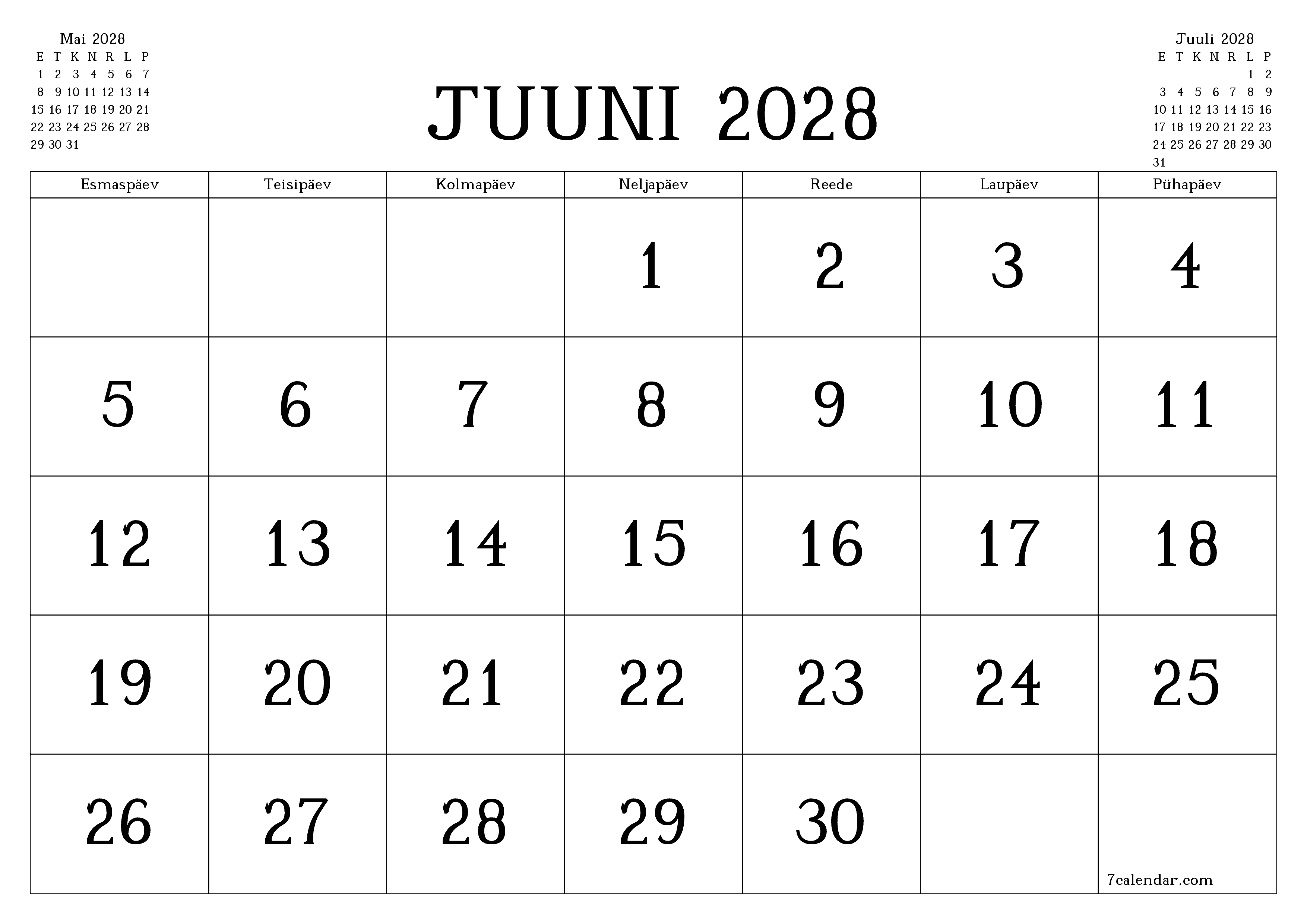 Tühjendage kuu Juuni 2028 kuuplaneerija märkmetega, salvestage ja printige PDF-i PNG Estonian