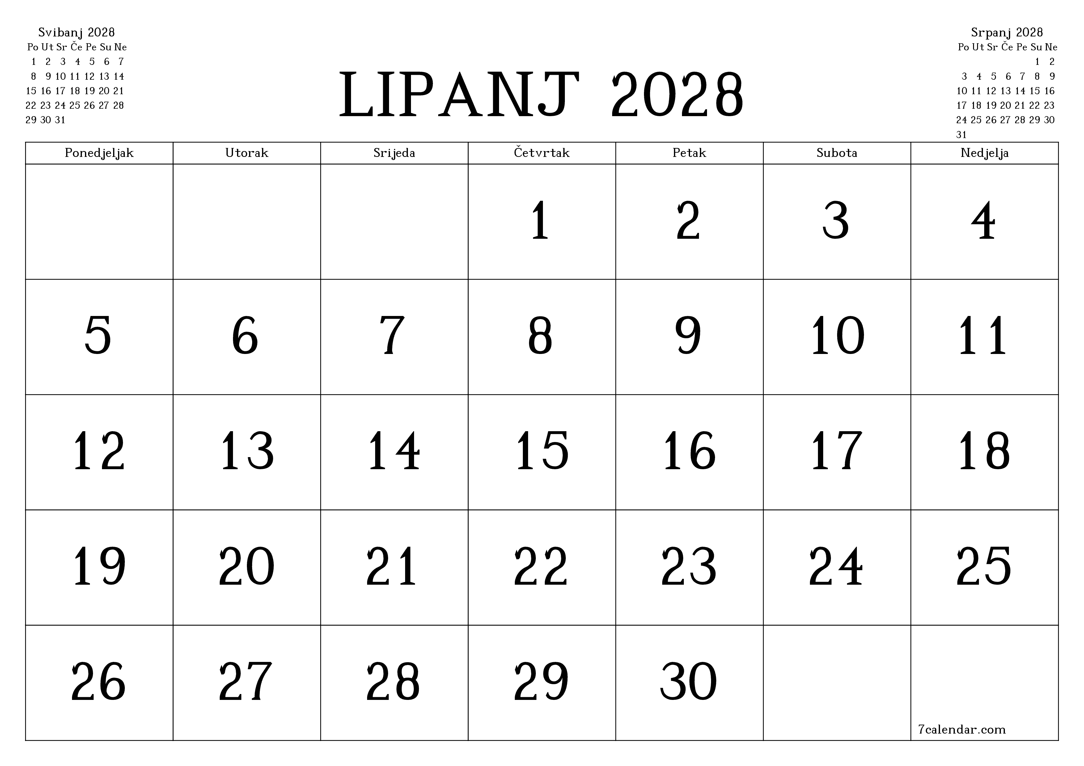 Ispraznite mjesečni planer za mjesec Lipanj 2028 s bilješkama, spremite i ispišite u PDF PNG Croatian