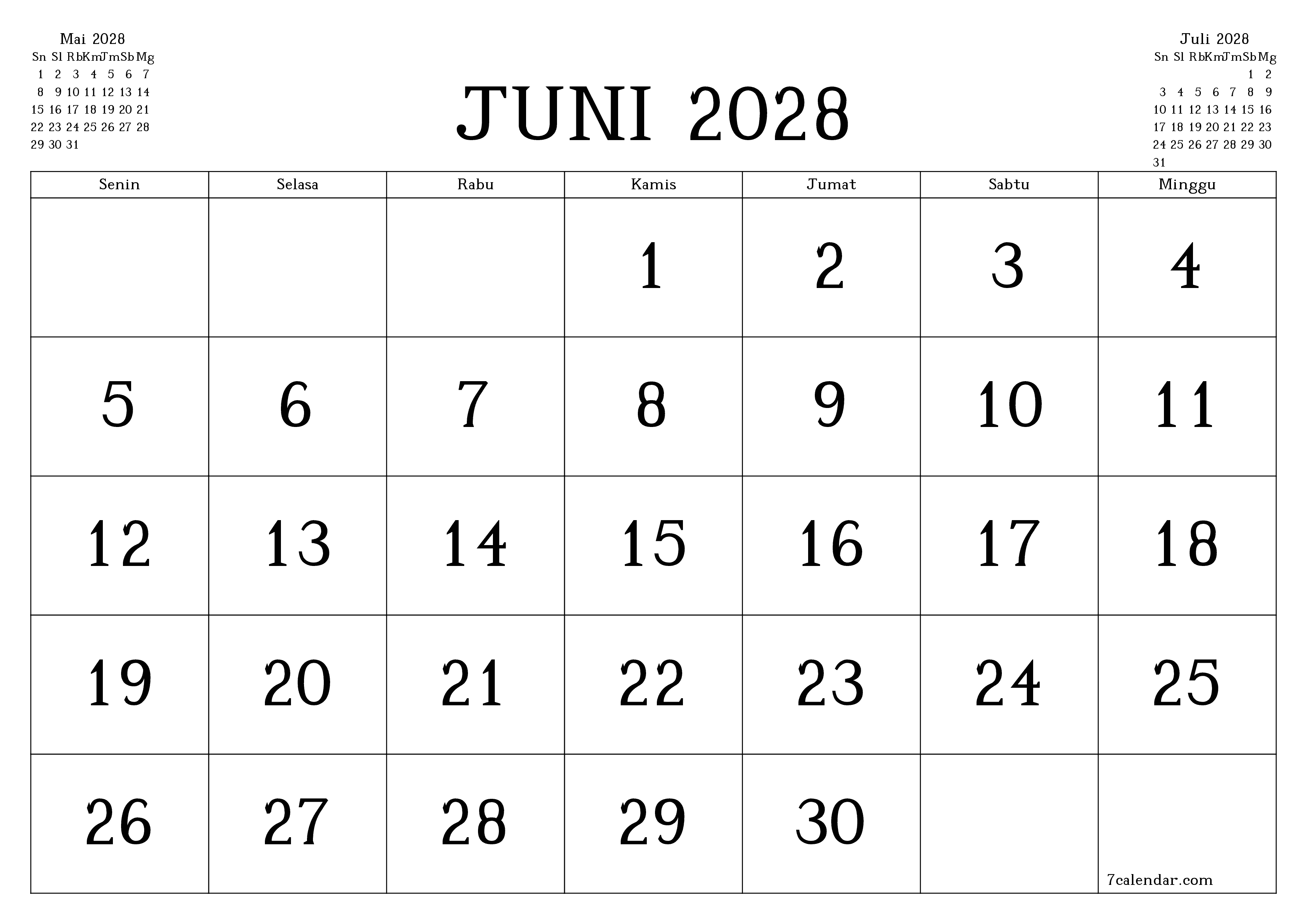 Kosongkan agenda bulanan untuk bulan Juni 2028 dengan catatan, simpan dan cetak ke PDF PNG Indonesian