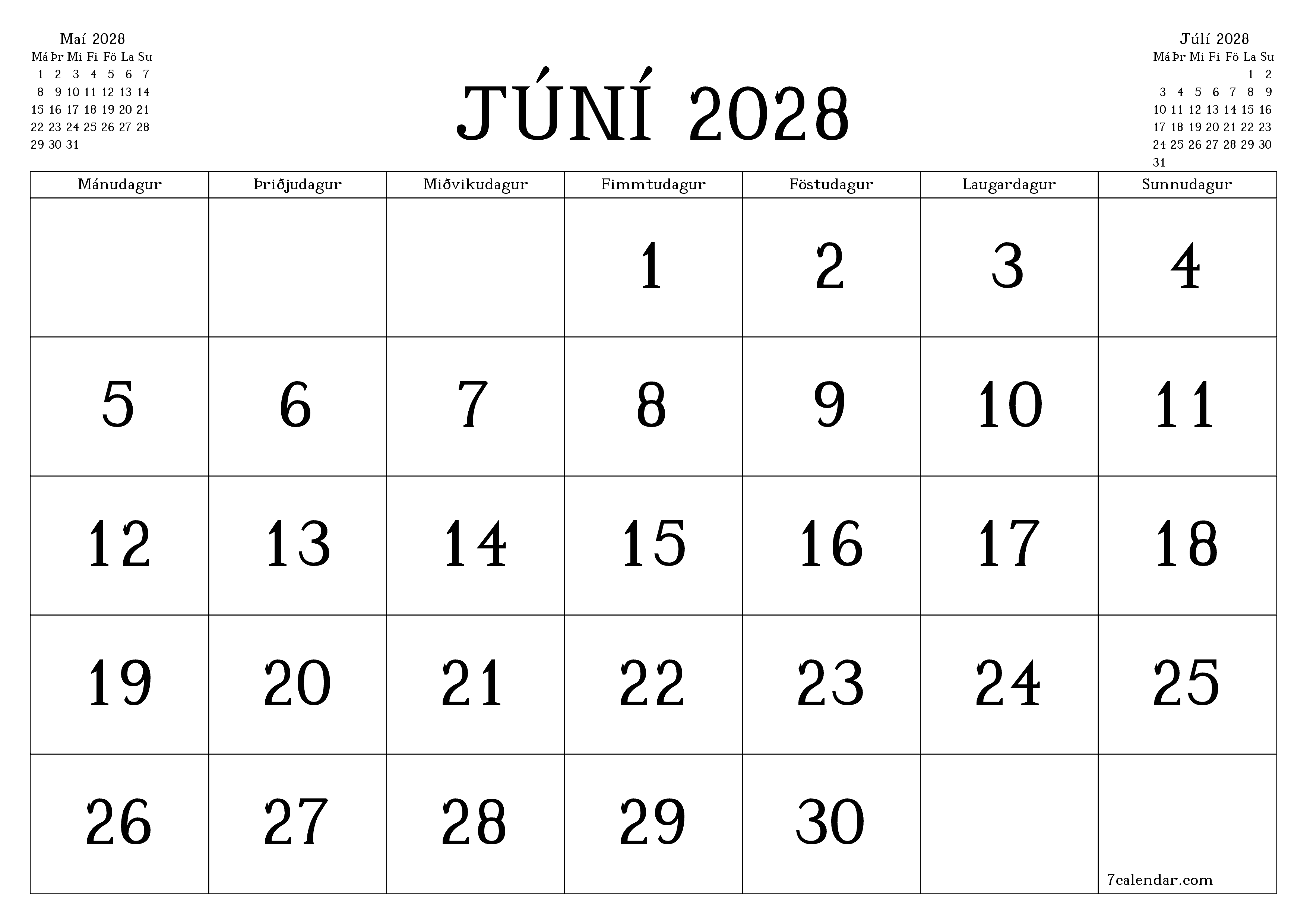 Tómur mánaðarlegur skipuleggjandi fyrir mánuðinn Júní 2028 með athugasemdum, vista og prenta á PDF PNG Icelandic