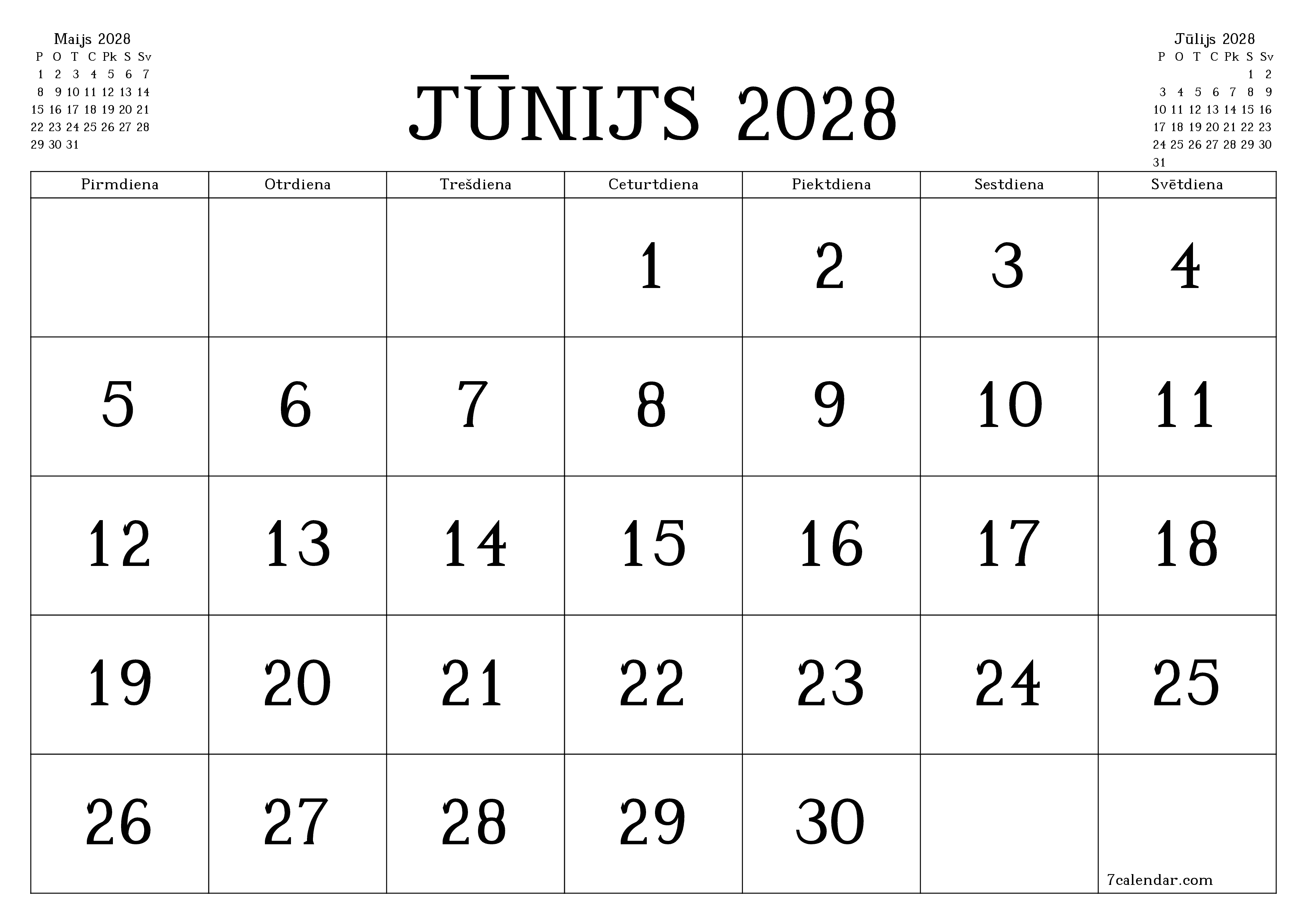 Iztukšot mēneša plānotāju mēnesim Jūnijs 2028 ar piezīmēm, saglabāt un izdrukāt PDF formātā PNG Latvian