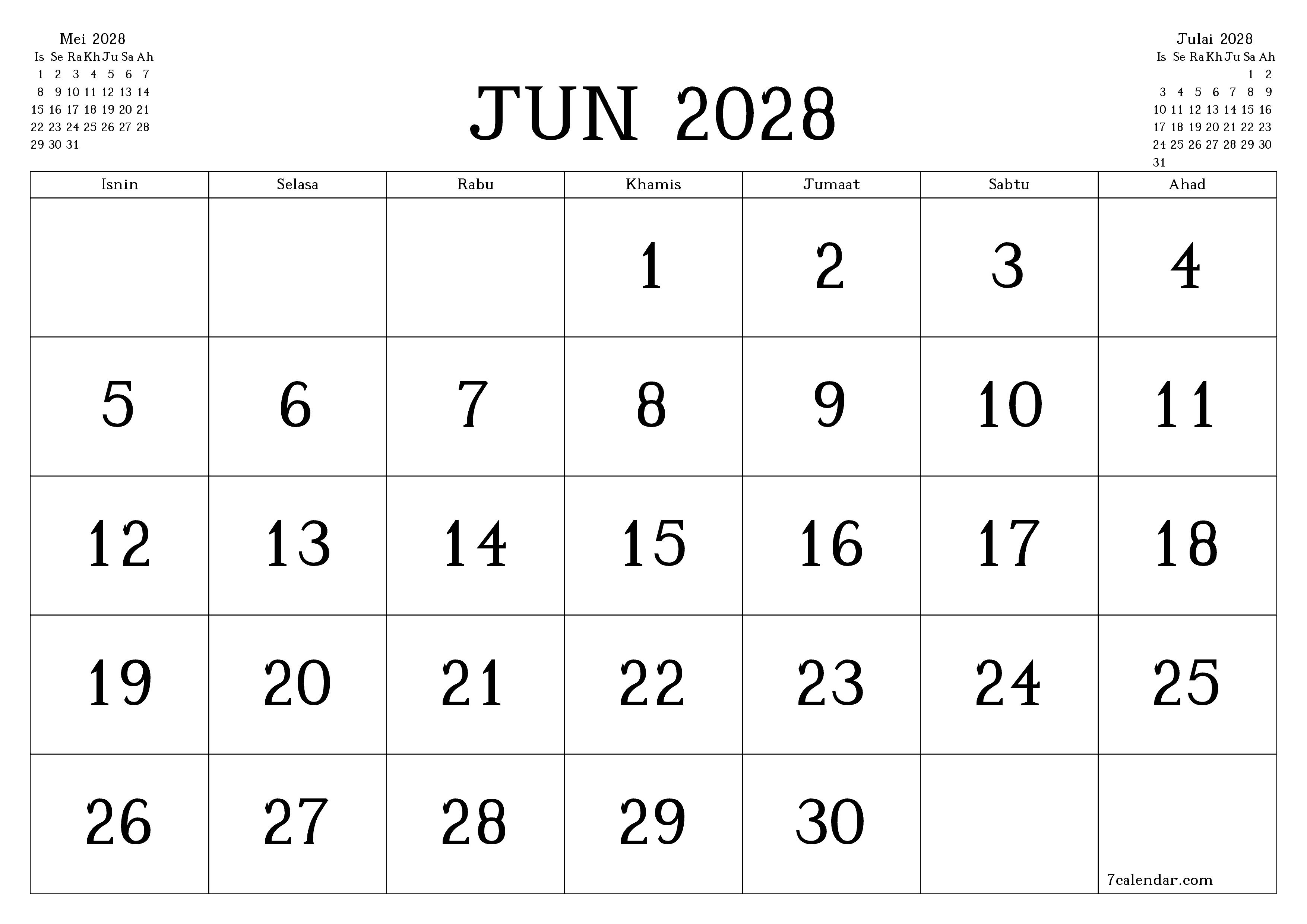Perancang bulanan kosong untuk bulan Jun 2028 dengan nota, simpan dan cetak ke PDF PNG Malay