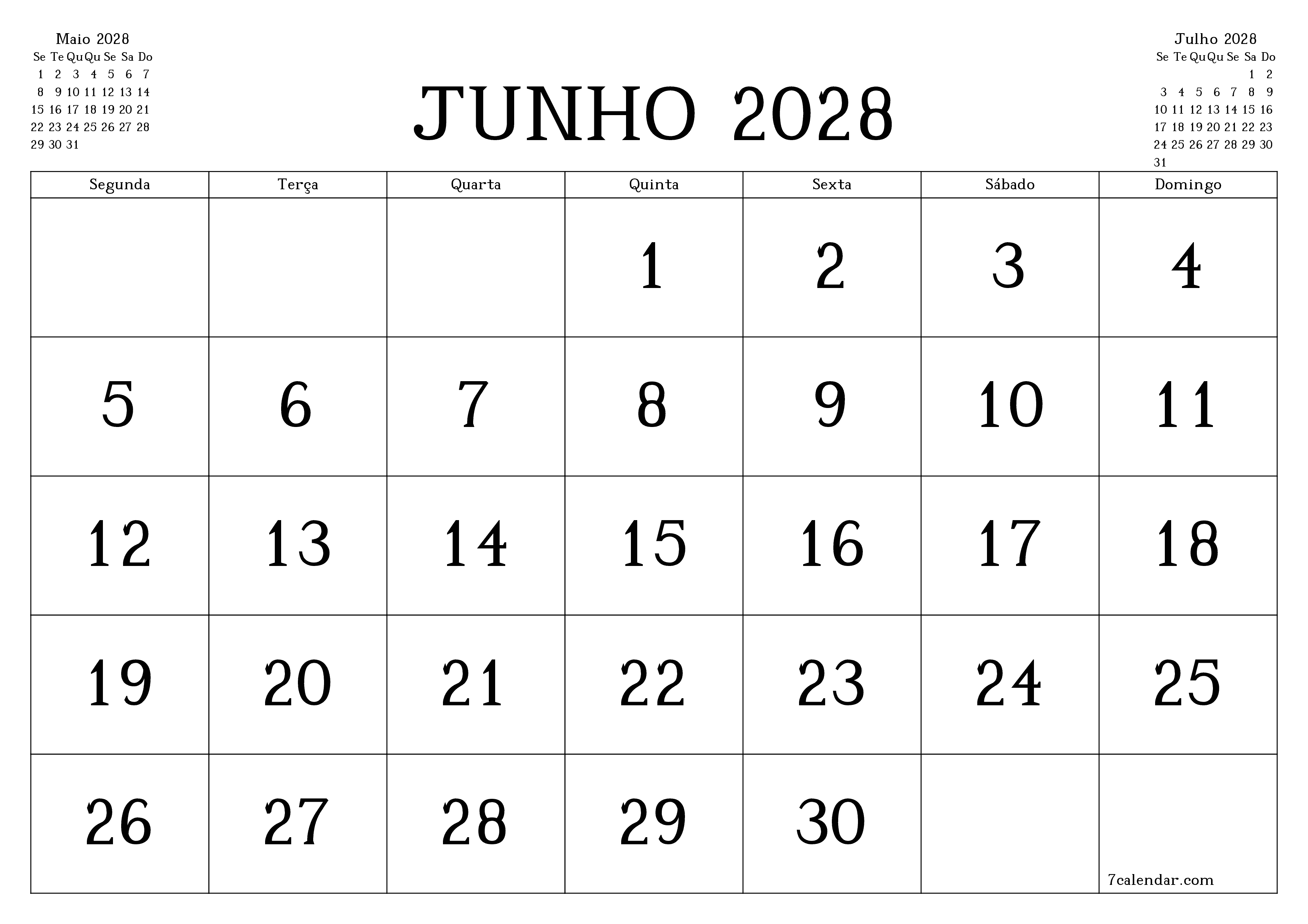 Esvazie o planejador mensal para o mês Junho 2028 com notas, salve e imprima em PDF PNG Portuguese