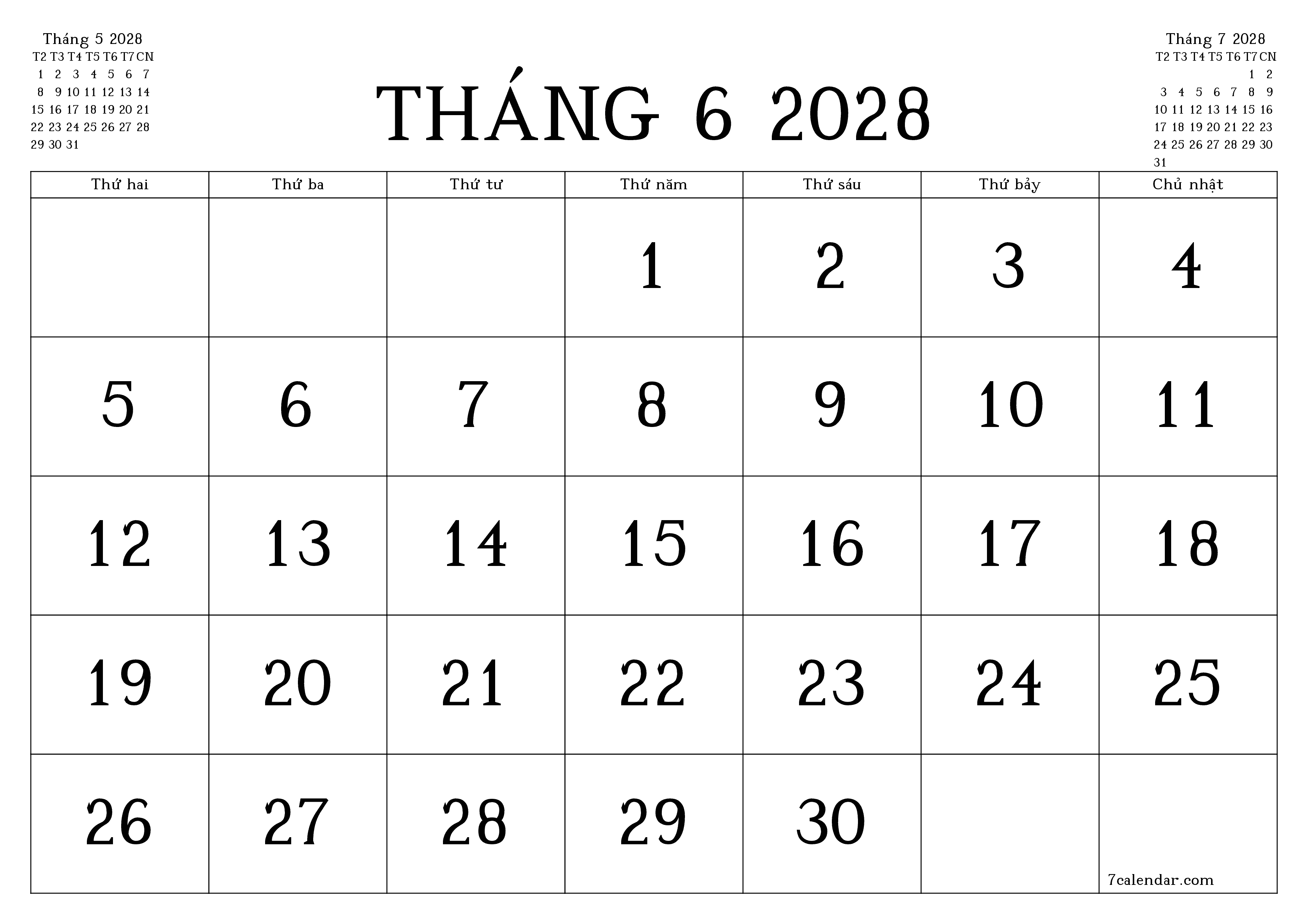 Công cụ lập kế hoạch hàng tháng trống cho tháng Tháng 6 2028 có ghi chú, lưu và in sang PDF PNG Vietnamese