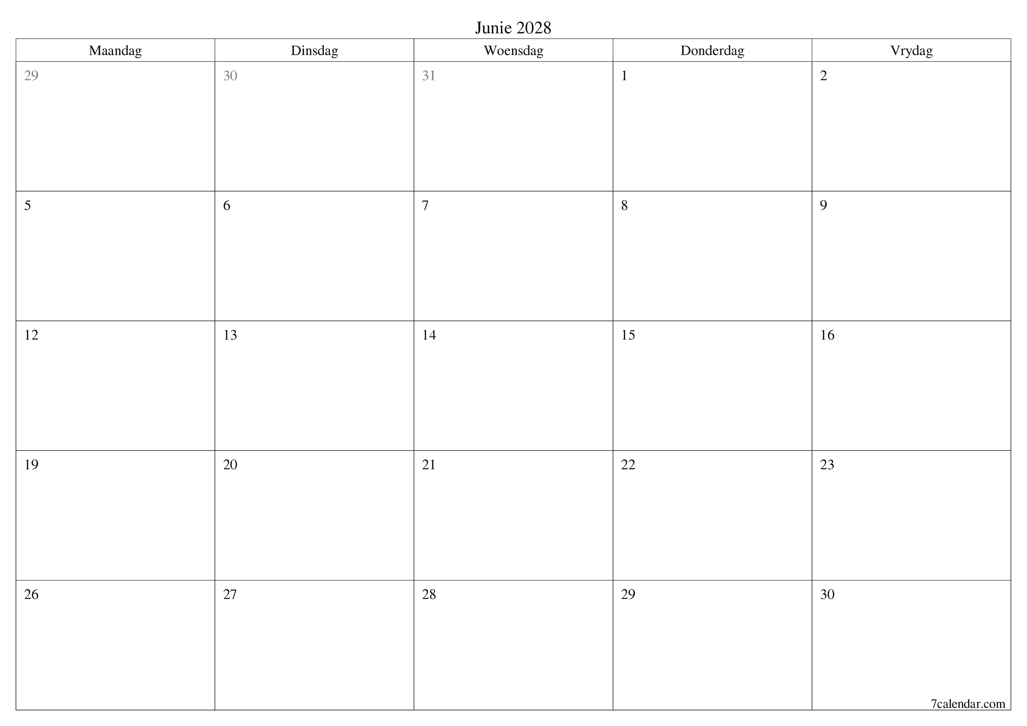 Leë maandelikse drukbare kalender en beplanner vir maand Junie 2028 met notas stoor en druk na PDF PNG Afrikaans