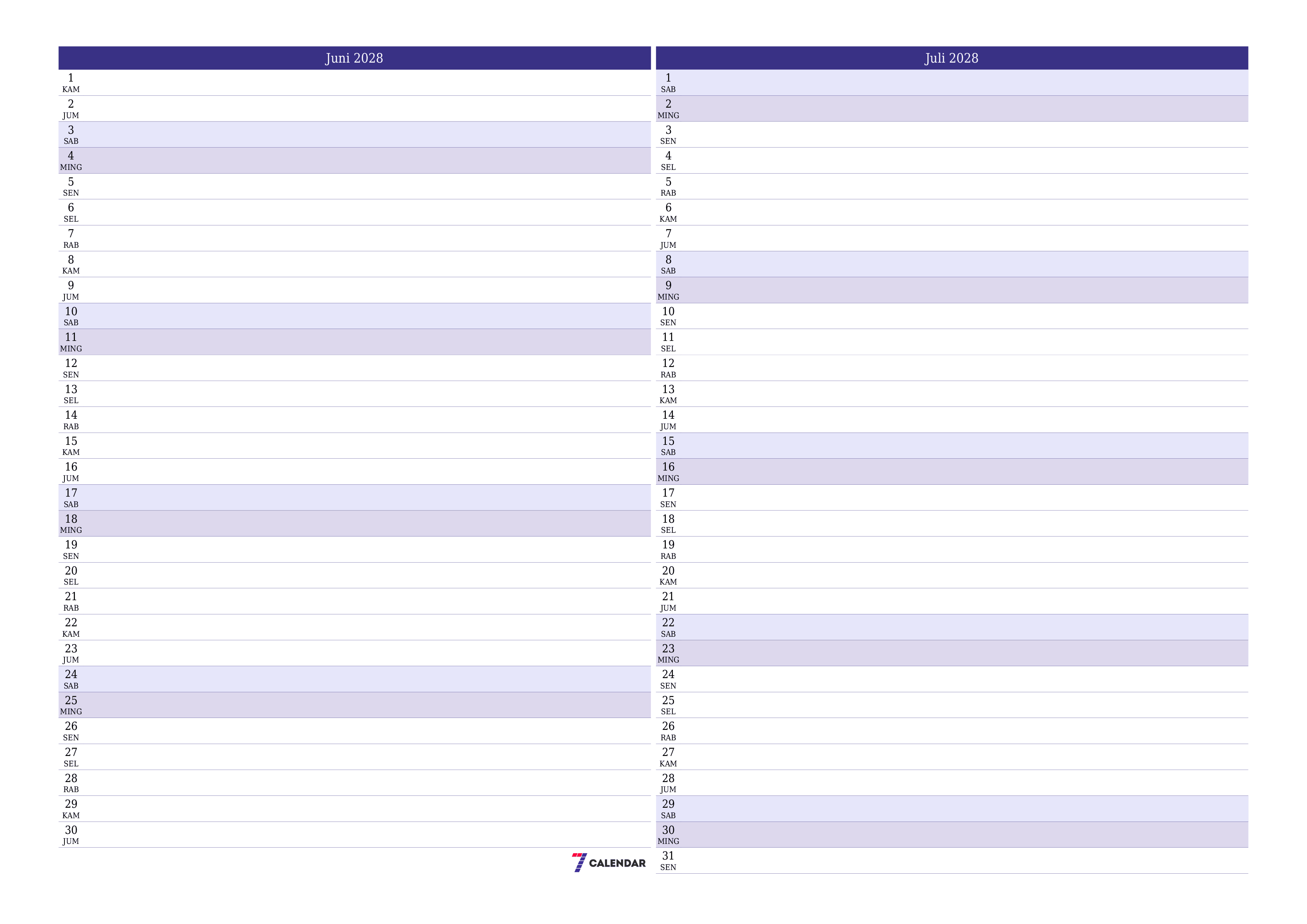 Kosongkan agenda bulanan untuk bulan Juni 2028 dengan catatan, simpan dan cetak ke PDF PNG Indonesian
