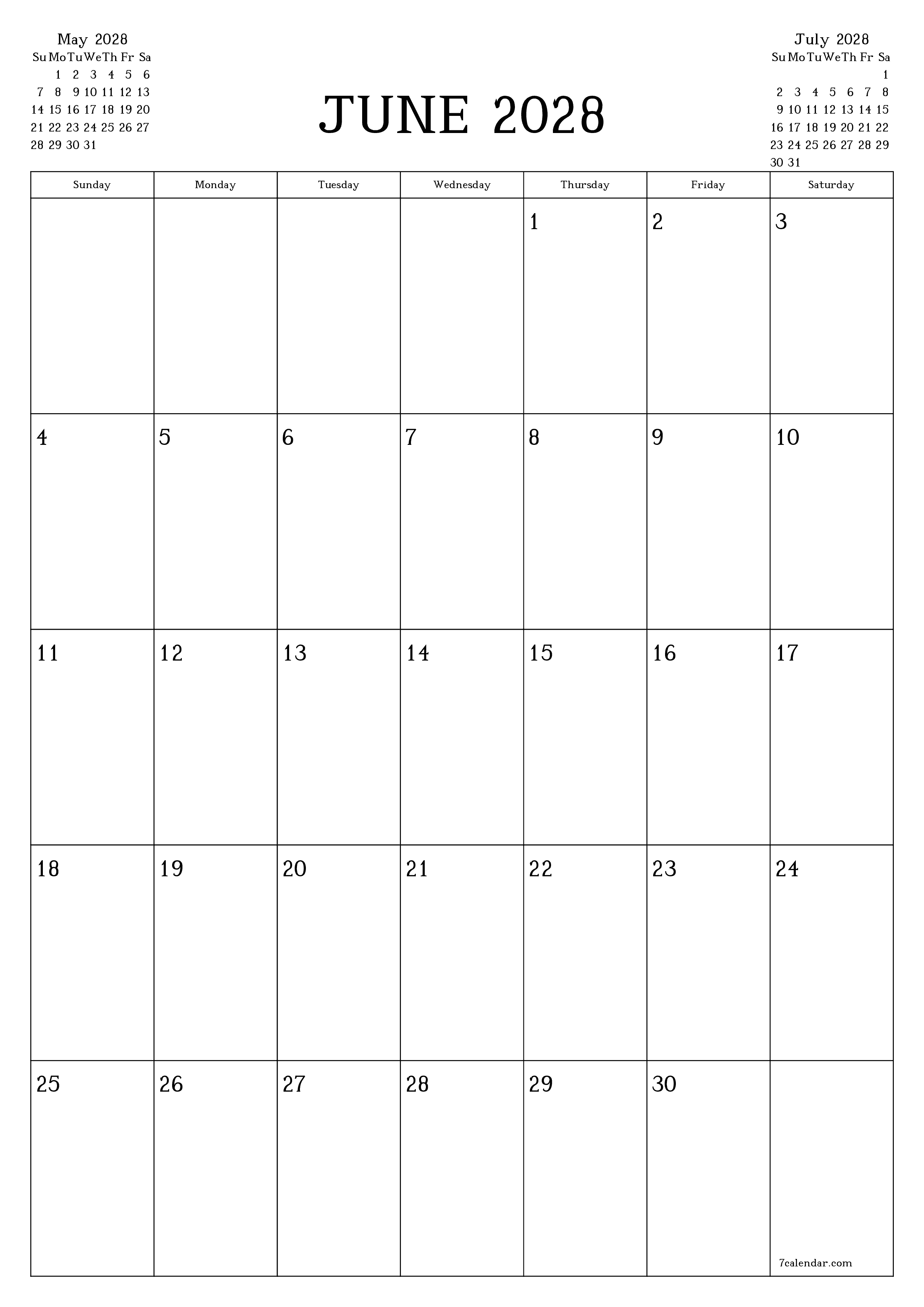 Blank calendar June 2028