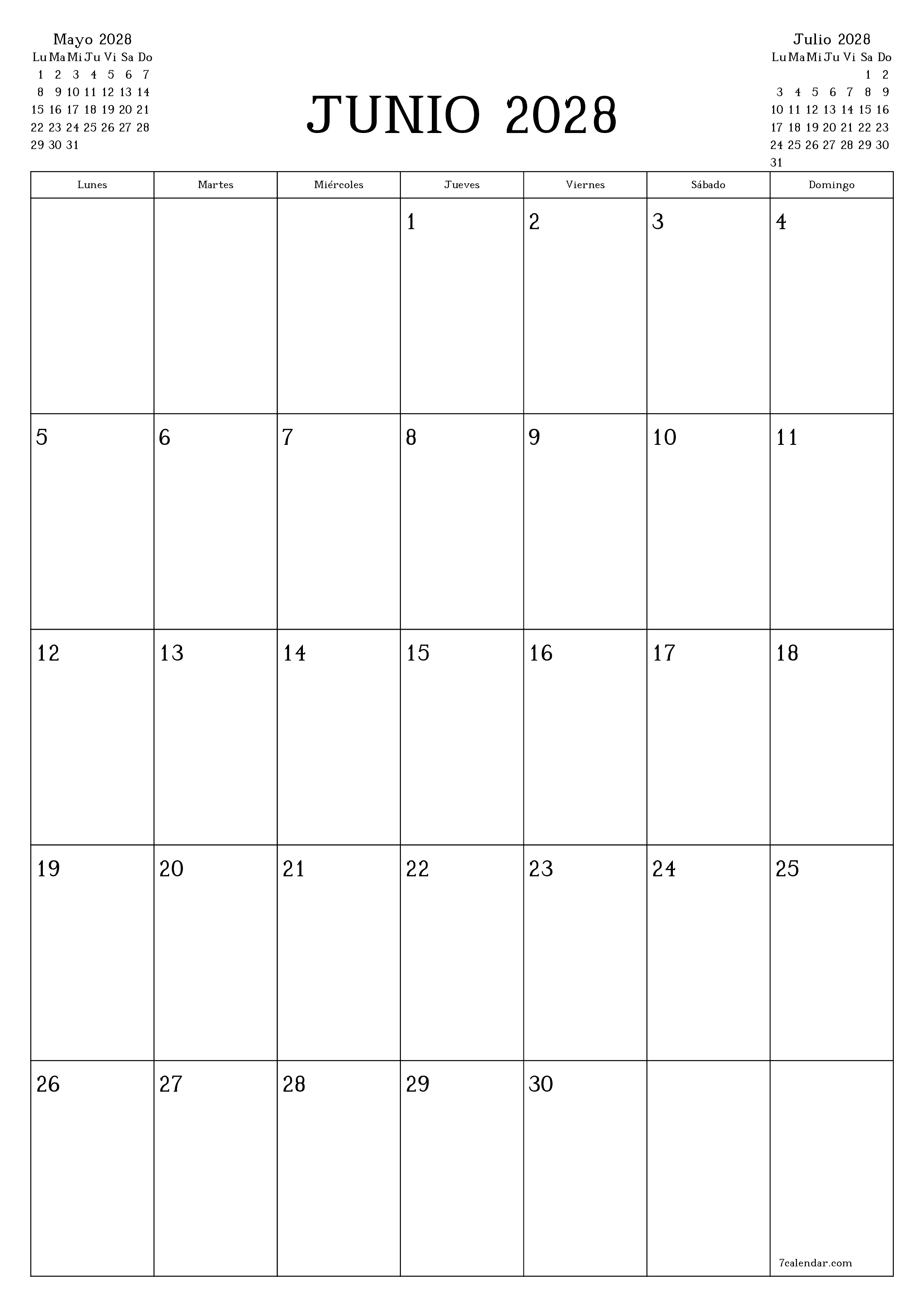Planificador mensual vacío para el mes Junio 2028 con notas, guardar e imprimir en PDF PNG Spanish