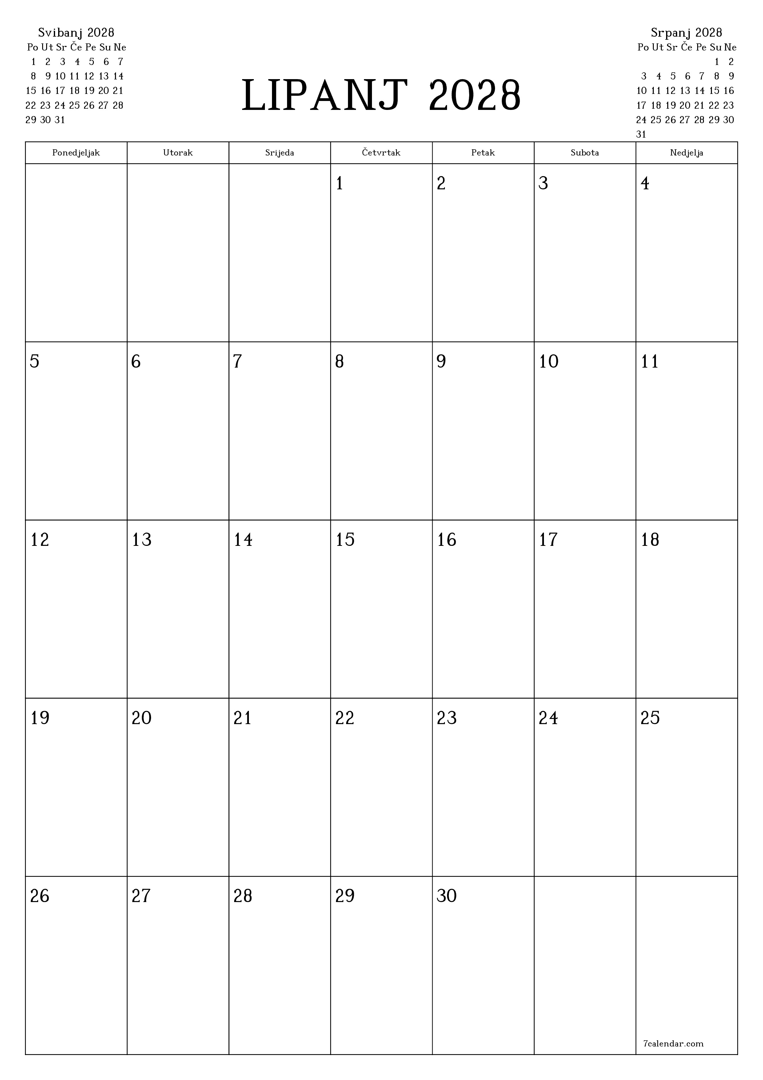  za ispis zidni predložak a besplatni okomito Mjesečni planer kalendar Lipanj (Lip) 2028