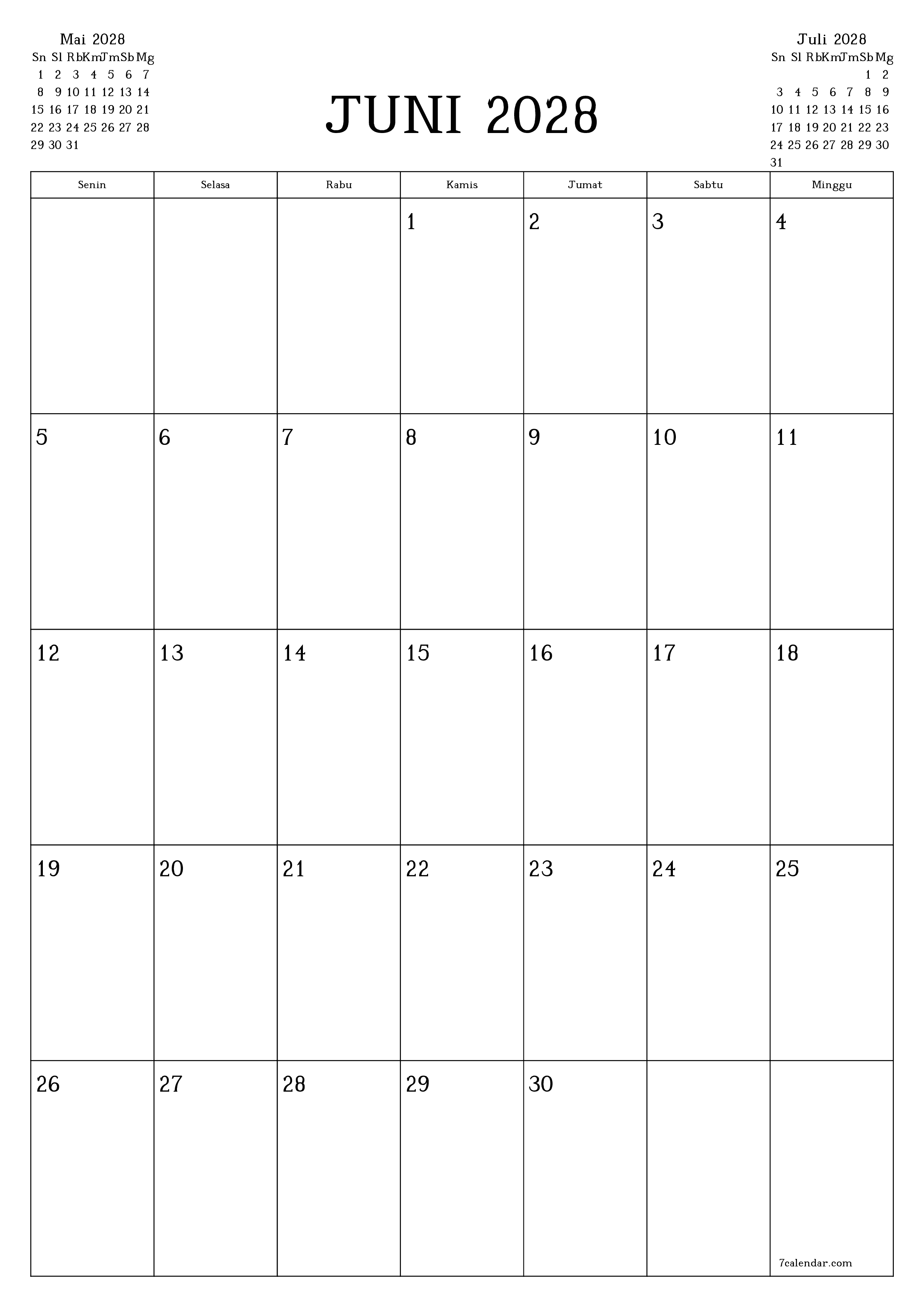 Kosongkan agenda bulanan untuk bulan Juni 2028 dengan catatan, simpan dan cetak ke PDF PNG Indonesian