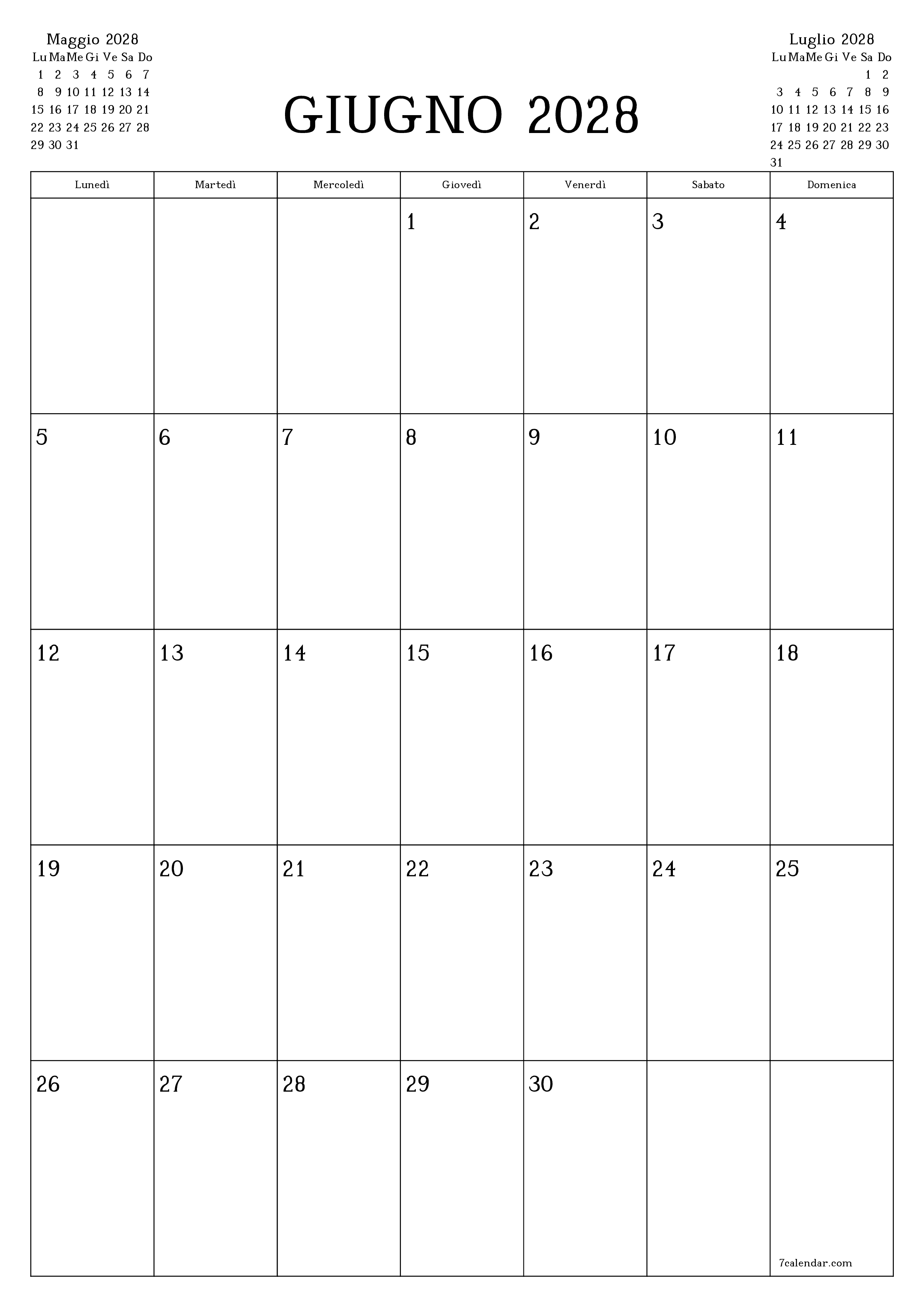 Pianificatore mensile vuoto per il mese Giugno 2028 con note, salva e stampa in PDF PNG Italian