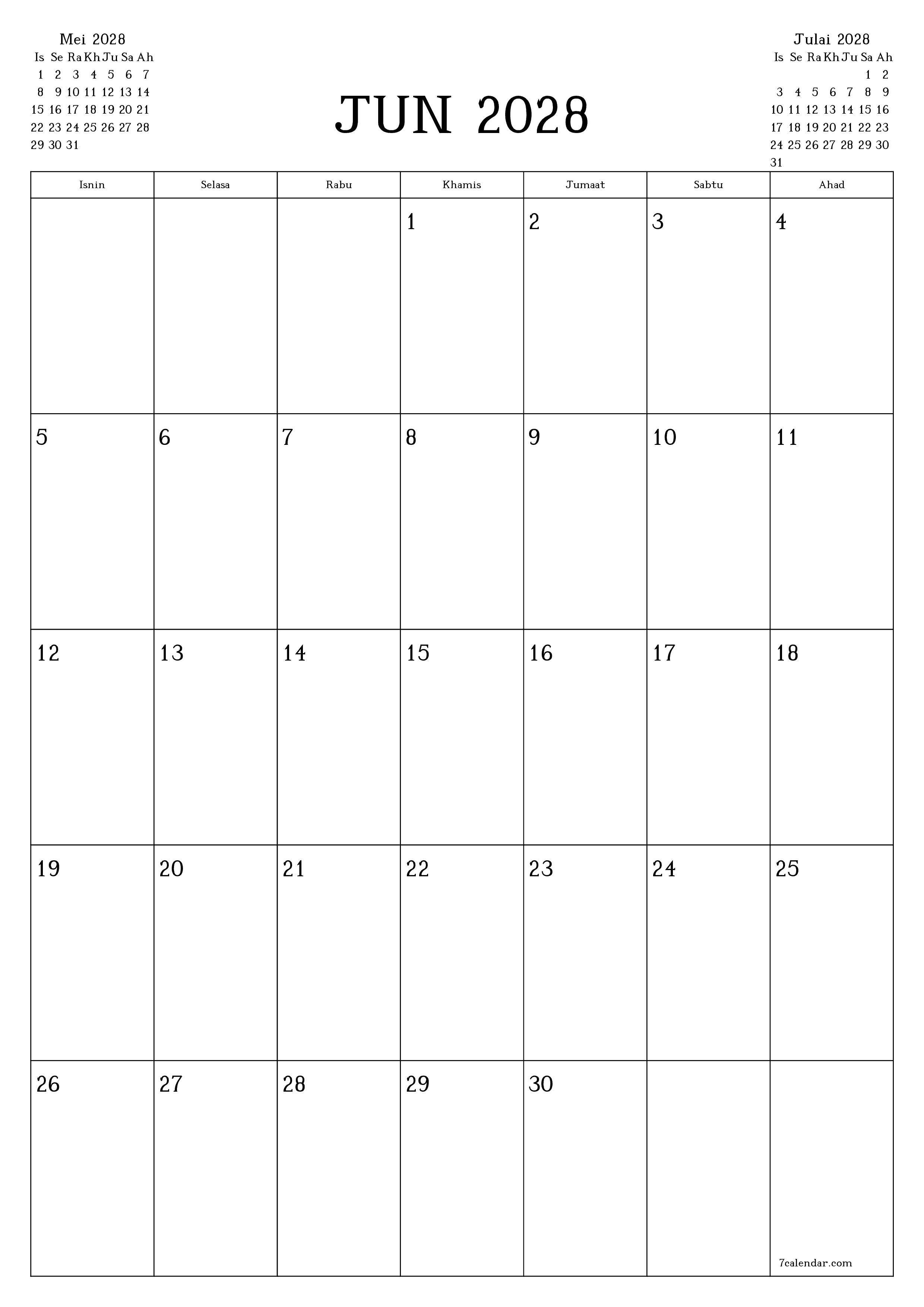 Perancang bulanan kosong untuk bulan Jun 2028 dengan nota, simpan dan cetak ke PDF PNG Malay