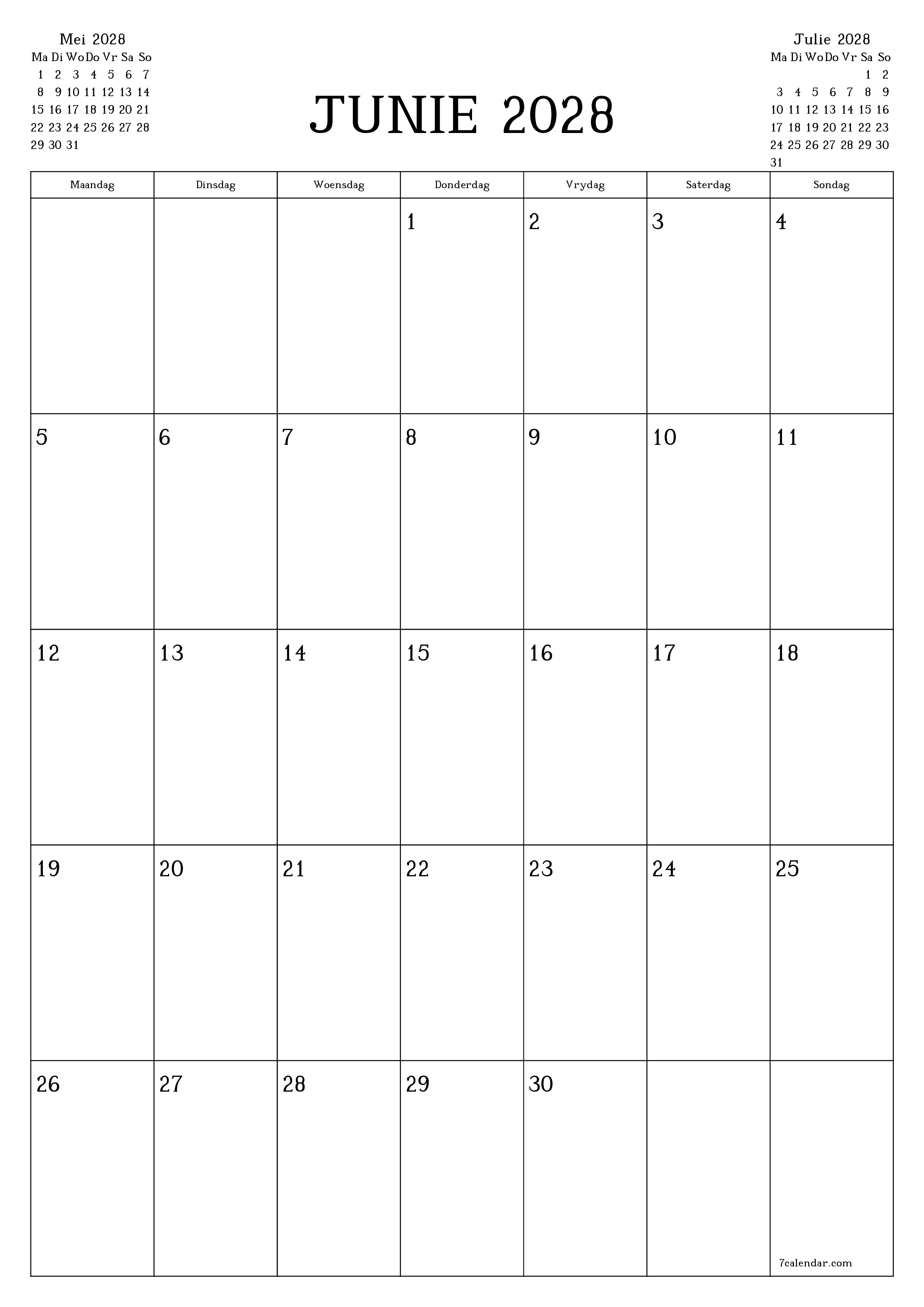 Leë maandelikse drukbare kalender en beplanner vir maand Junie 2028 met notas stoor en druk na PDF PNG Afrikaans
