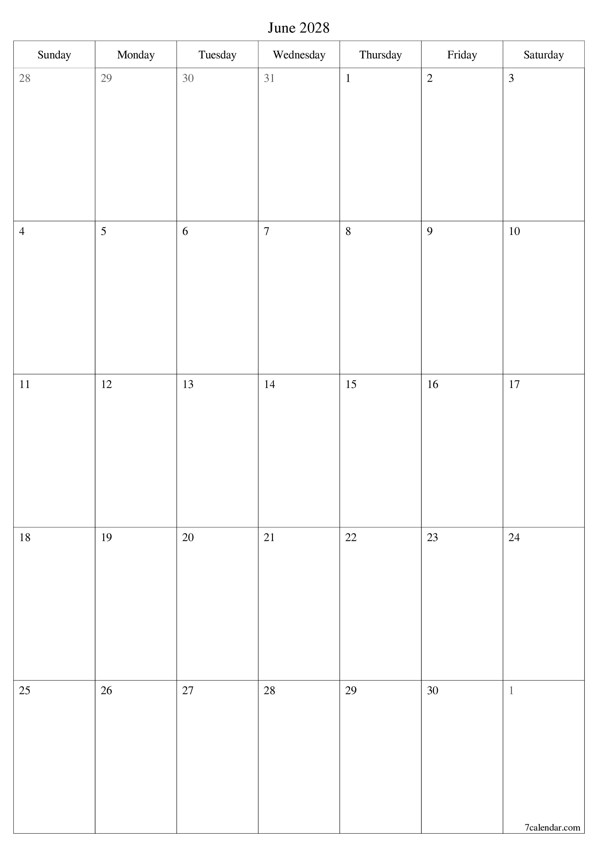 Blank calendar June 2028