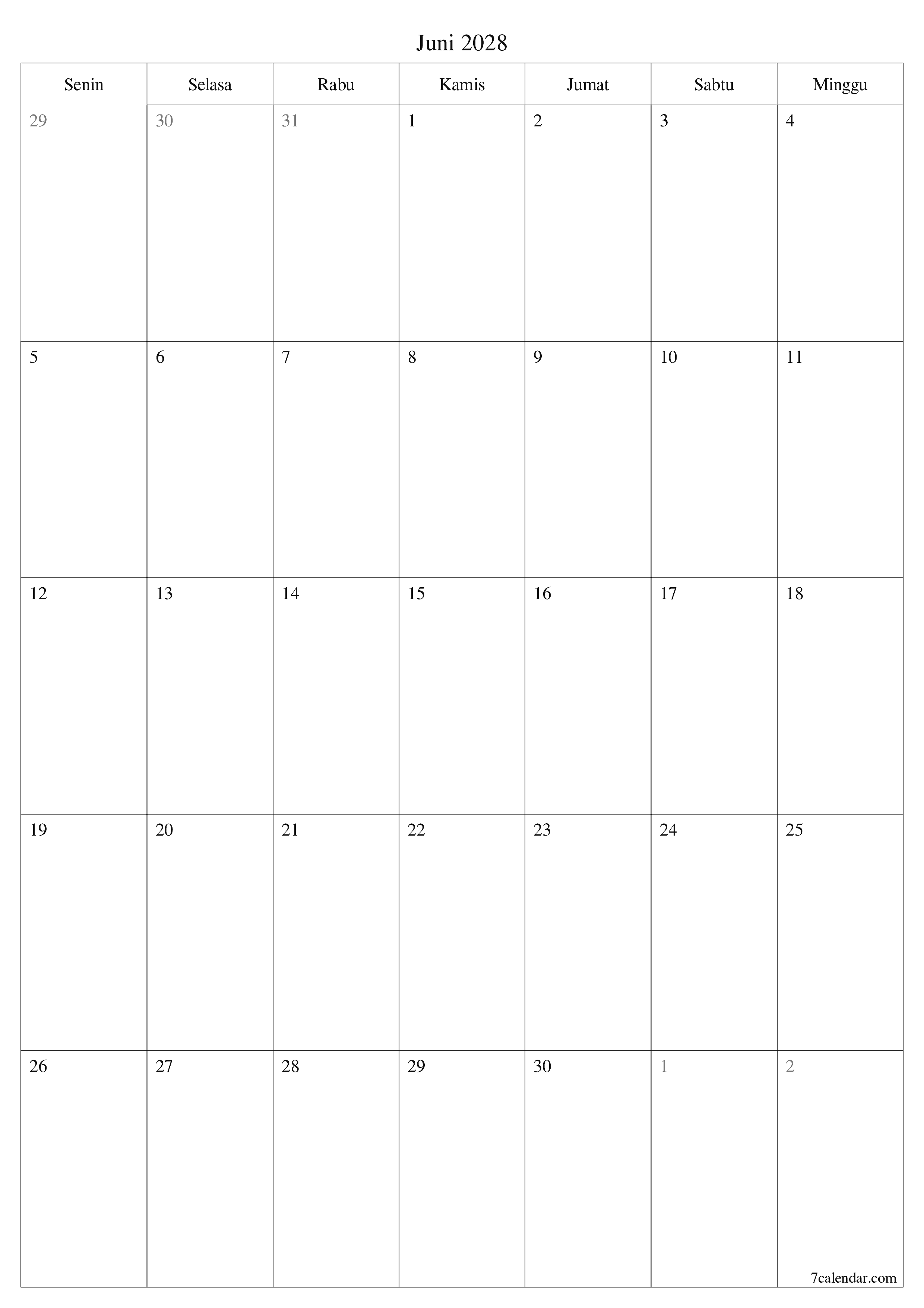 Kosongkan agenda bulanan untuk bulan Juni 2028 dengan catatan, simpan dan cetak ke PDF PNG Indonesian