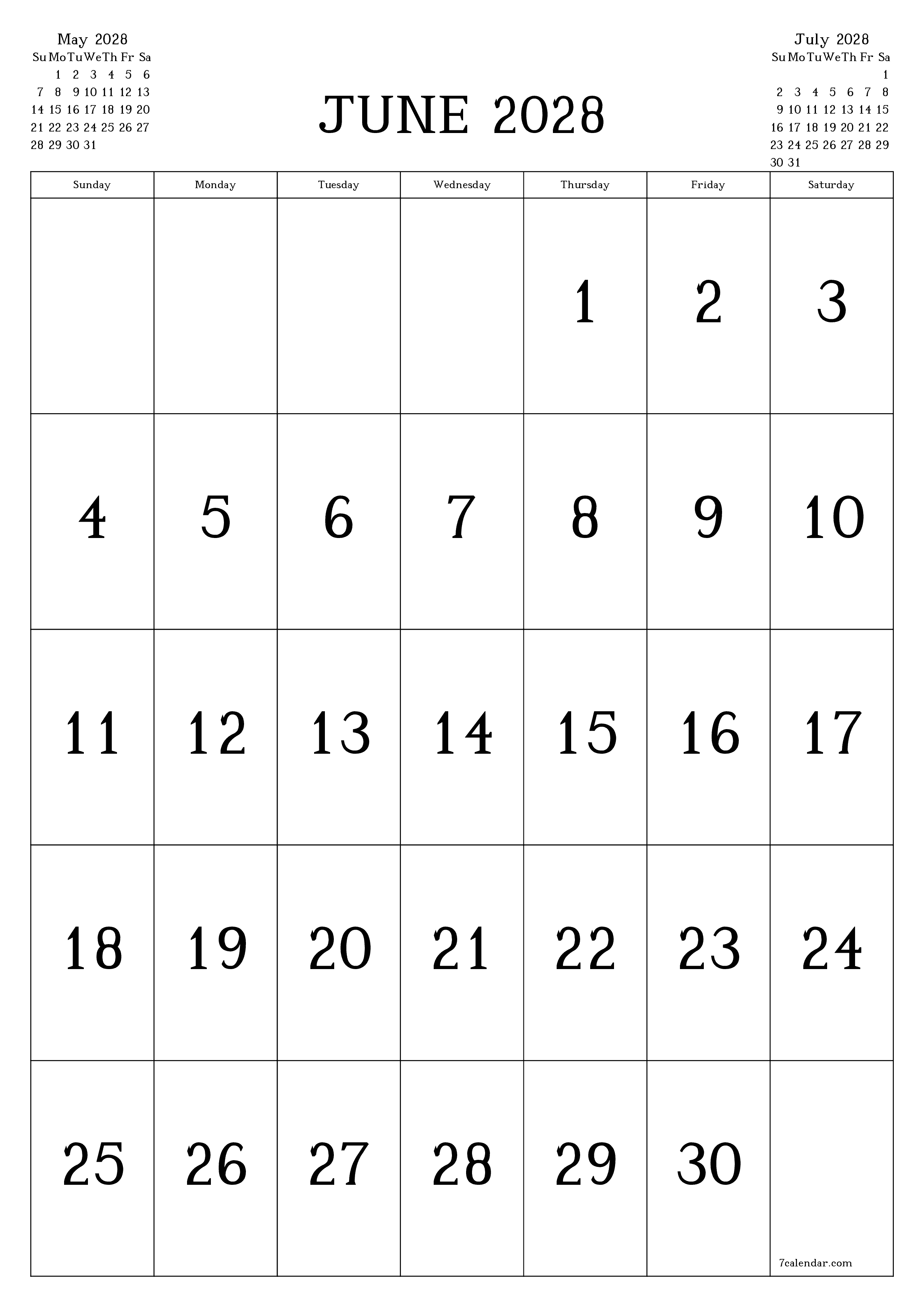 Blank calendar June 2028