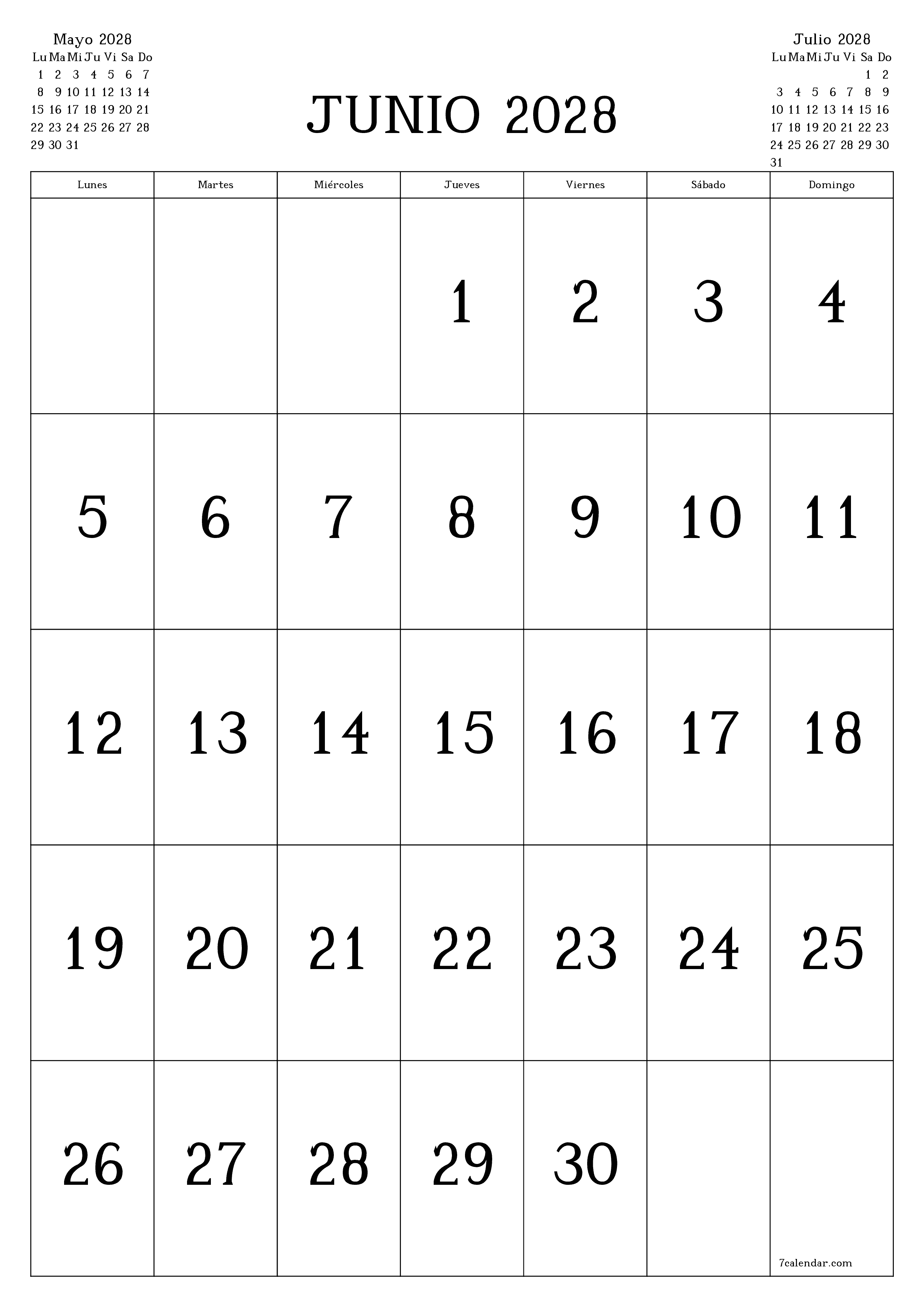 Planificador mensual vacío para el mes Junio 2028 con notas, guardar e imprimir en PDF PNG Spanish