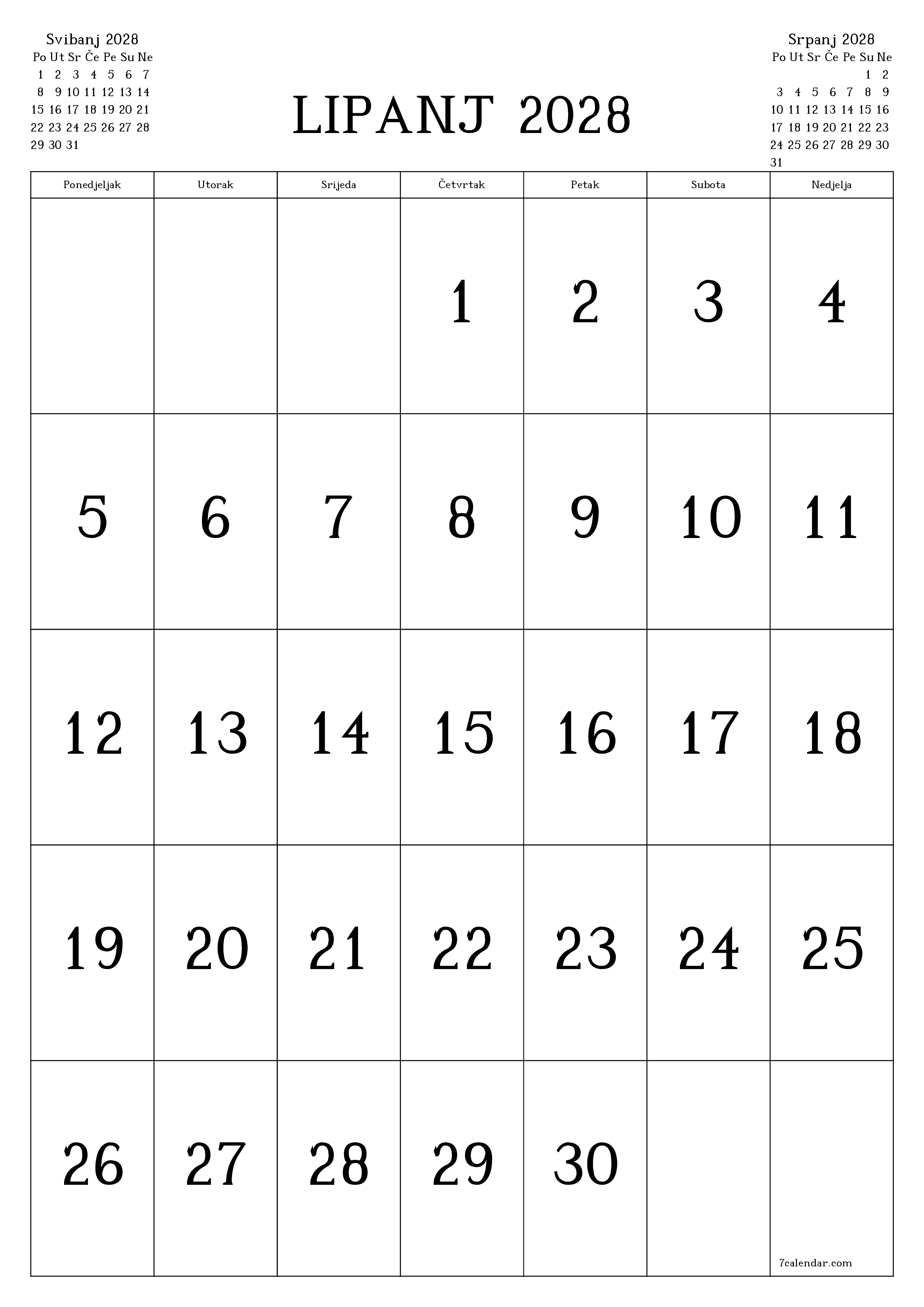  za ispis zidni predložak a besplatni okomito Mjesečni kalendar Lipanj (Lip) 2028