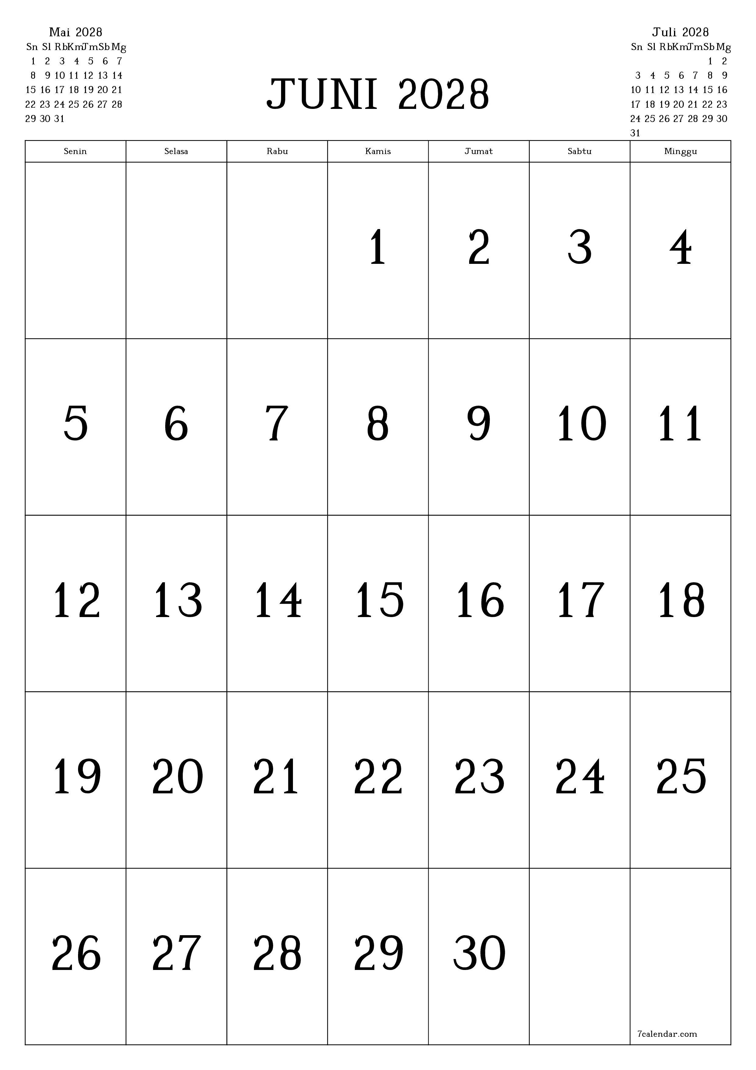 Kosongkan agenda bulanan untuk bulan Juni 2028 dengan catatan, simpan dan cetak ke PDF PNG Indonesian