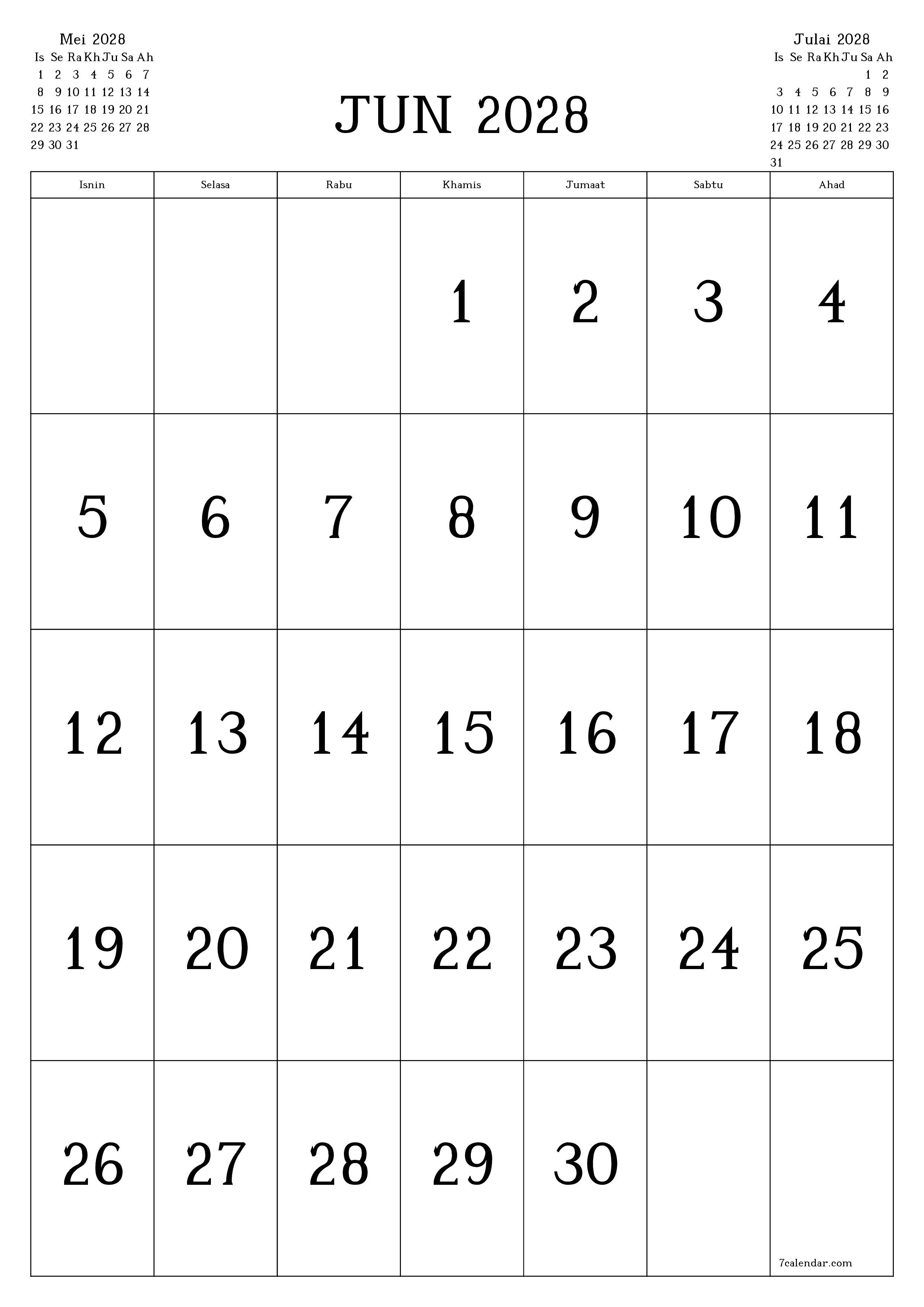 Perancang bulanan kosong untuk bulan Jun 2028 dengan nota, simpan dan cetak ke PDF PNG Malay