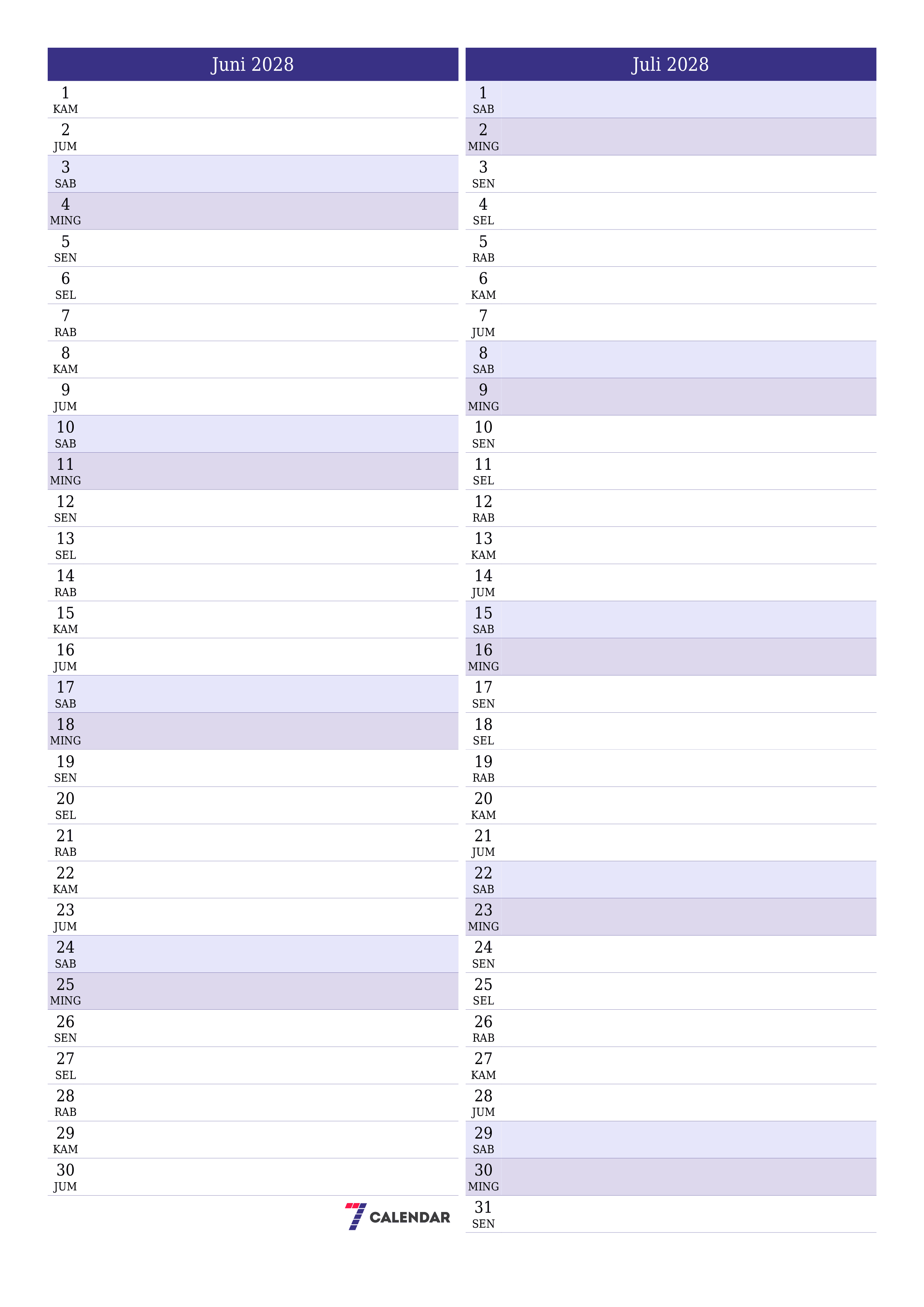 Kosongkan agenda bulanan untuk bulan Juni 2028 dengan catatan, simpan dan cetak ke PDF PNG Indonesian