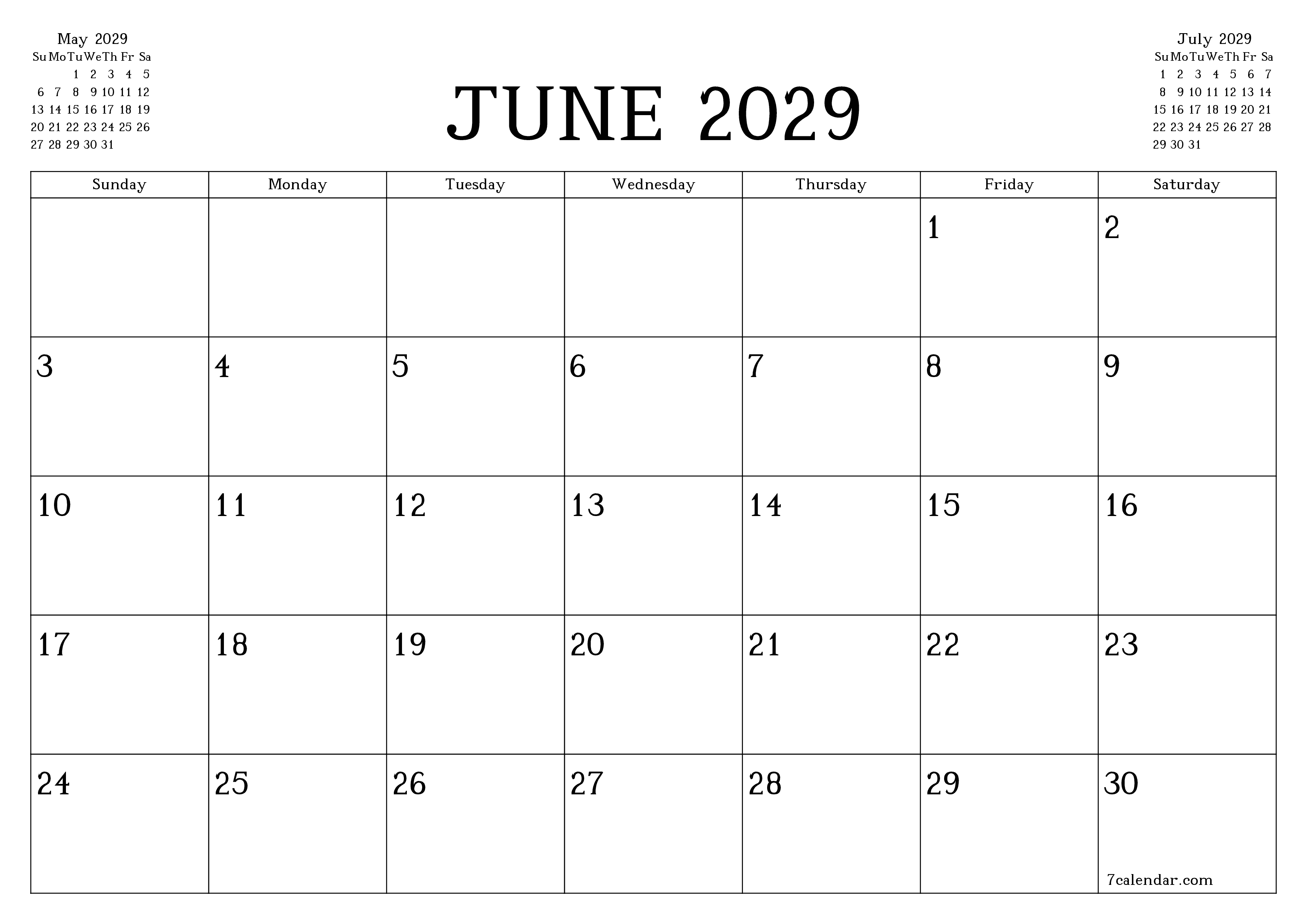Blank calendar June 2029