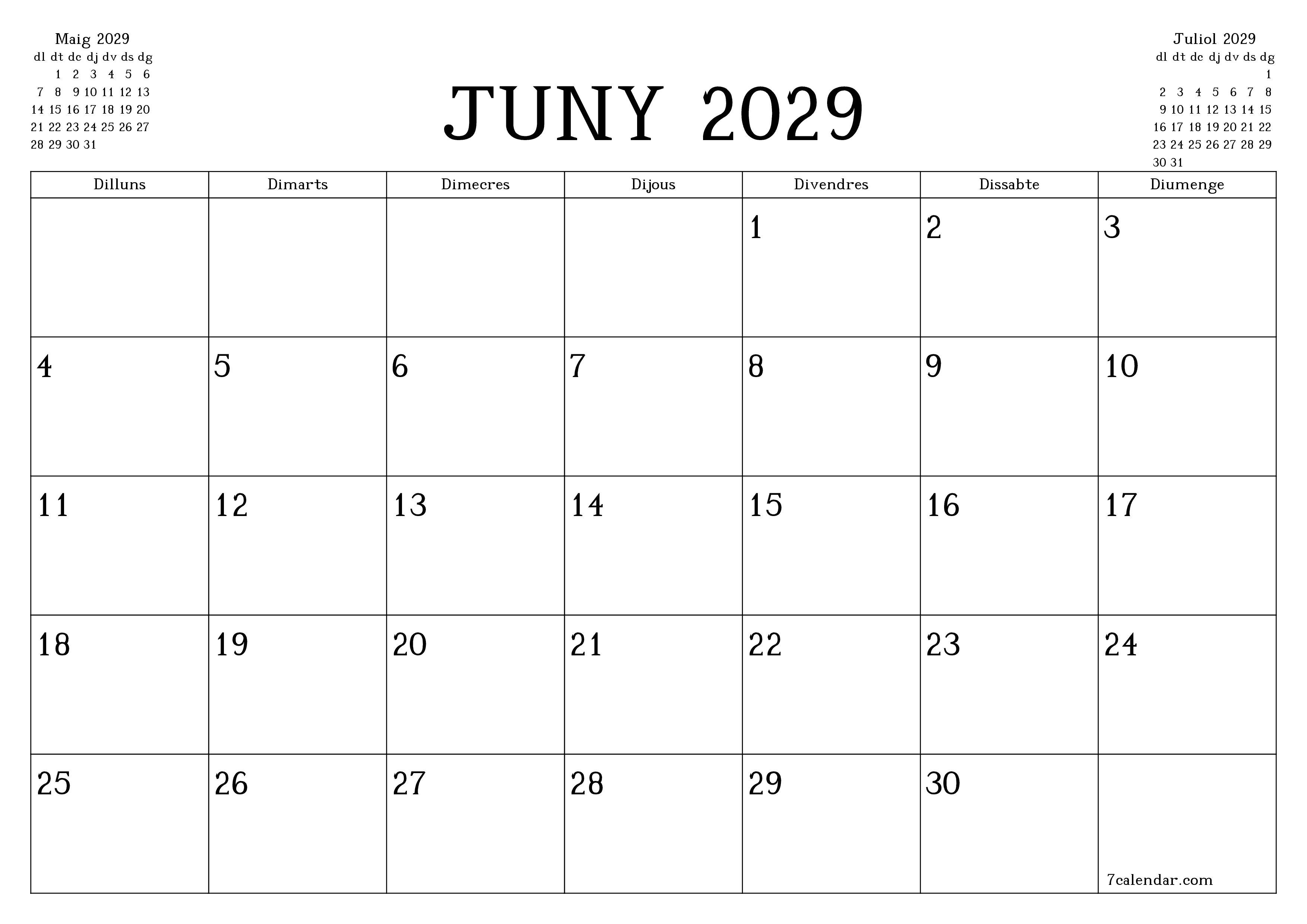 Planificador mensual buit del mes Juny 2029 amb notes, deseu-lo i imprimiu-lo en format PDF PNG Catalan