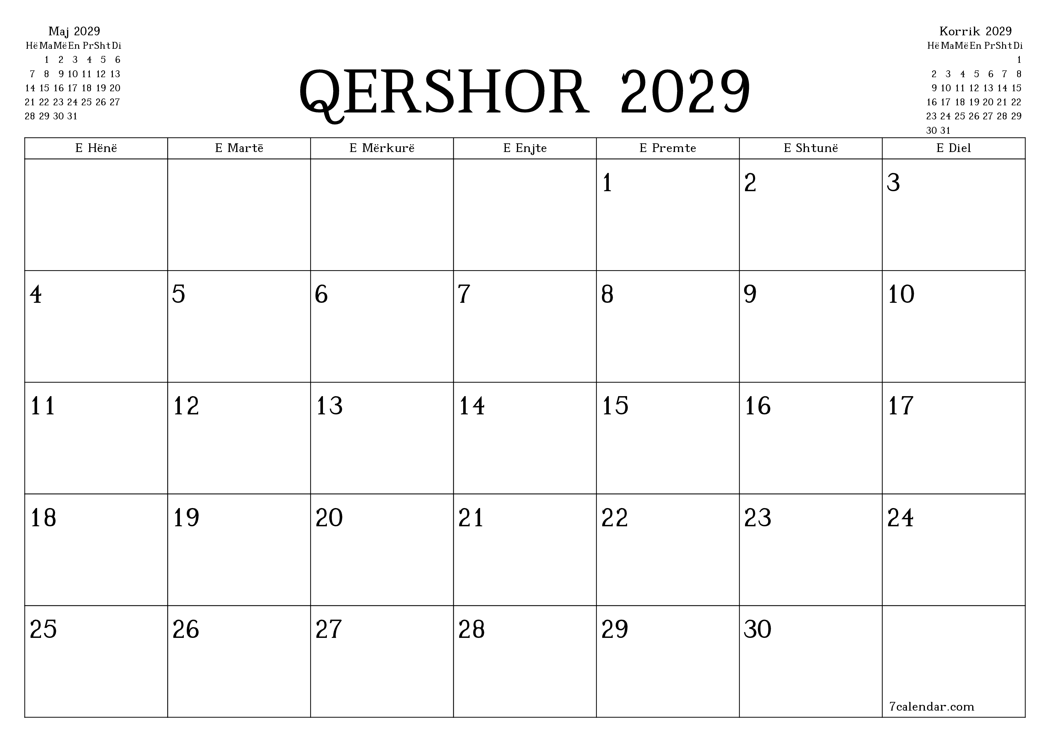  i printueshëm muri shabllon falashorizontale mujore planifikues kalendar Qershor (Qer) 2029