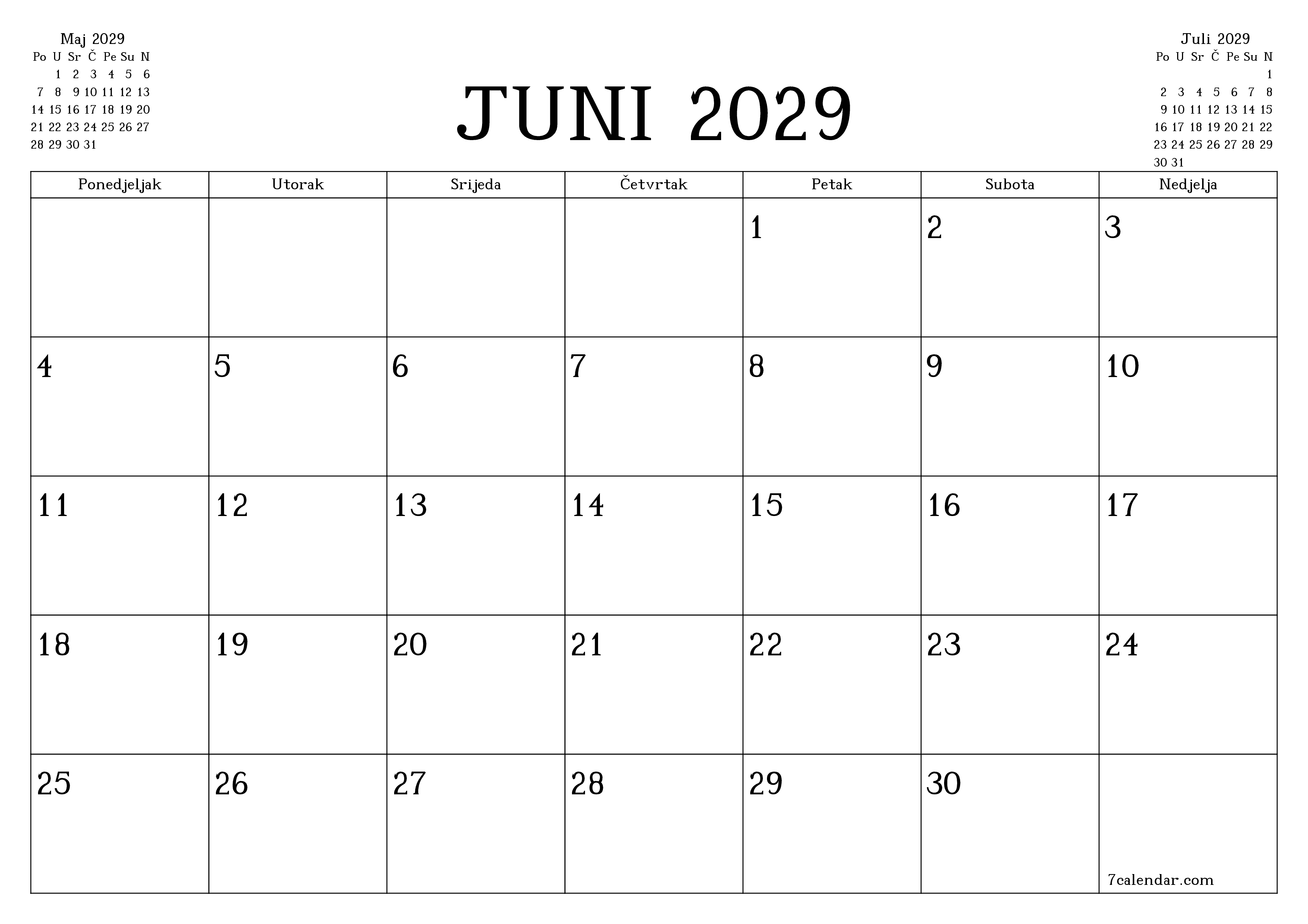 Ispraznite mjesečni planer za mjesec Juni 2029 s bilješkama, spremite i ispišite u PDF PNG Bosnian