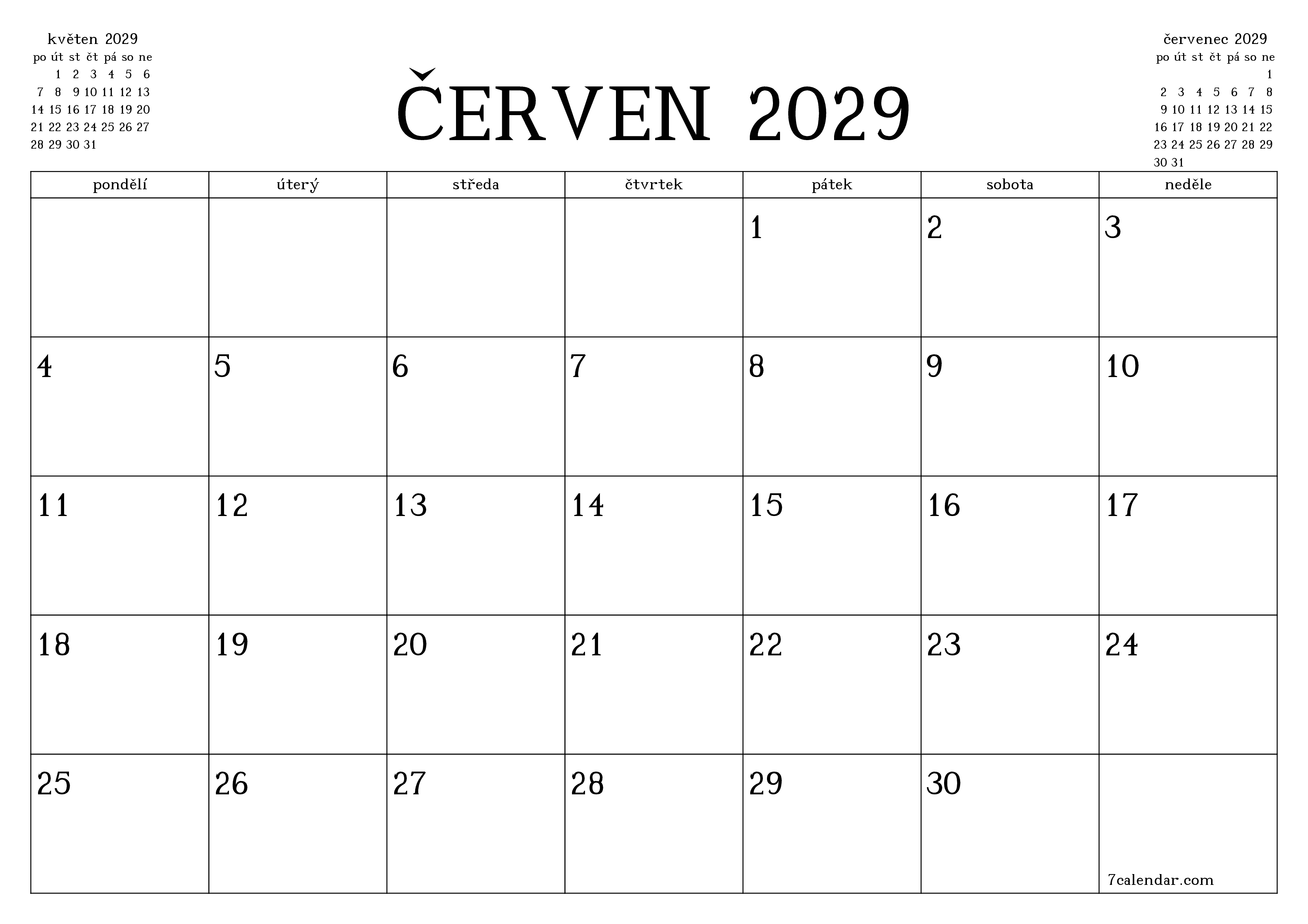 Vyprázdnit měsíční plánovač na měsíc červen 2029 s poznámkami, uložit a vytisknout do PDF PNG Czech