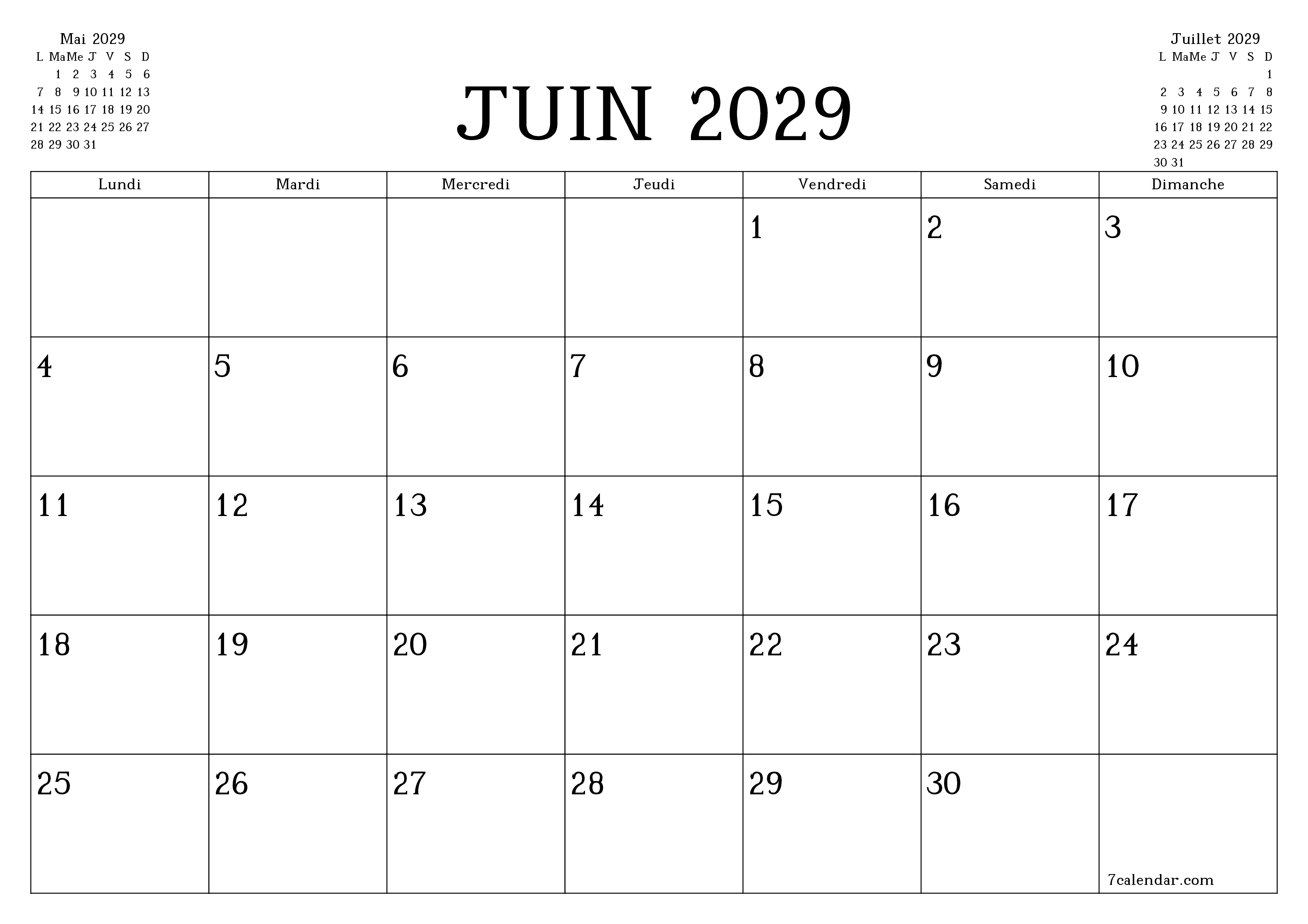 Agenda mensuel vide pour le mois Juin 2029 avec notes, enregistrez et imprimez au format PDF PNG French
