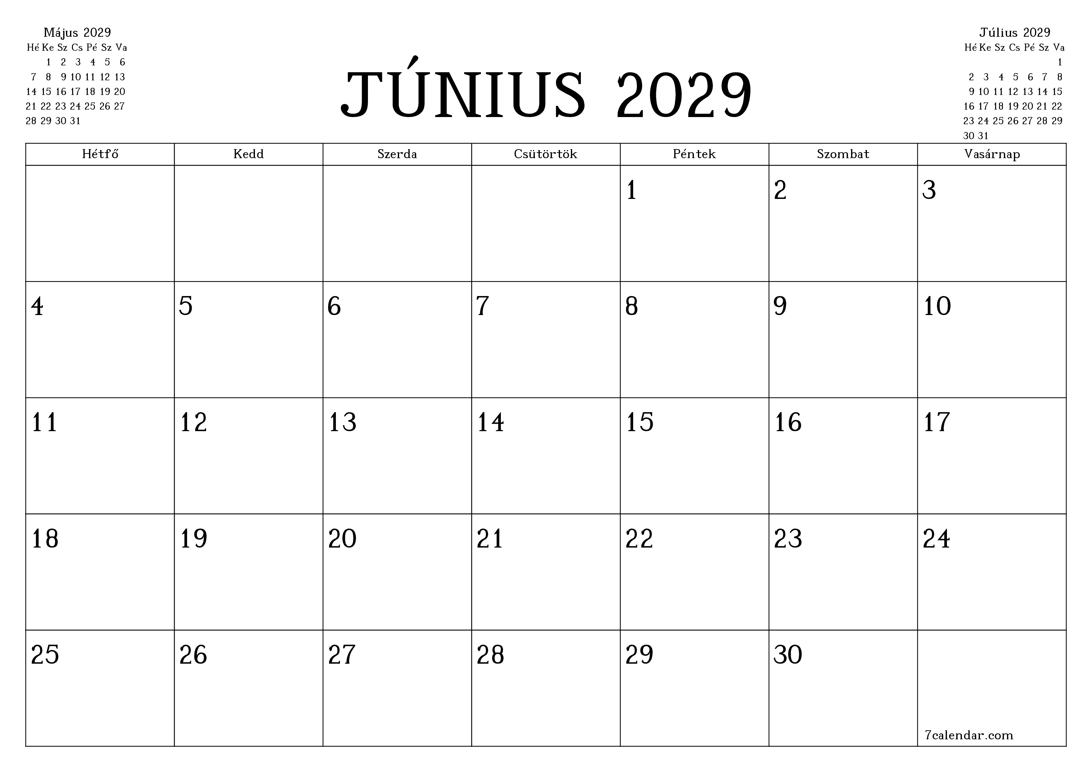 Üres havi tervező a Június 2029 hónapra jegyzetekkel, mentés és nyomtatás PDF-be PNG Hungarian