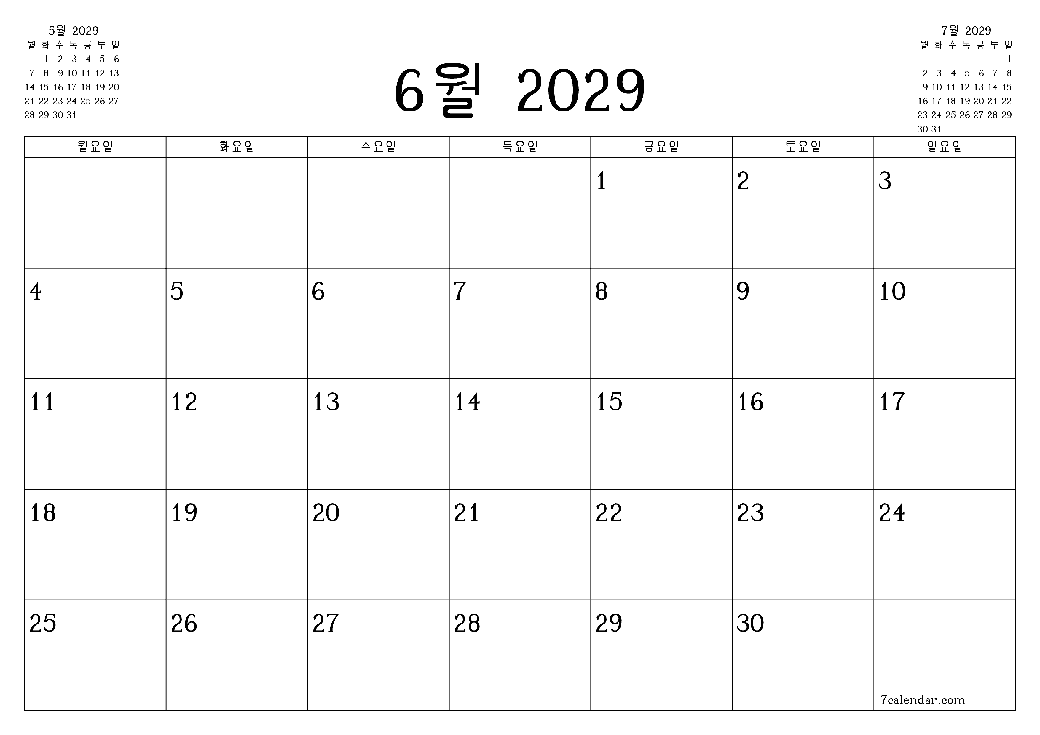 메모가있는 6월 2029 월의 월간 플래너 비우기, PDF PNG Korean-7calendar.com으로 저장 및 인쇄