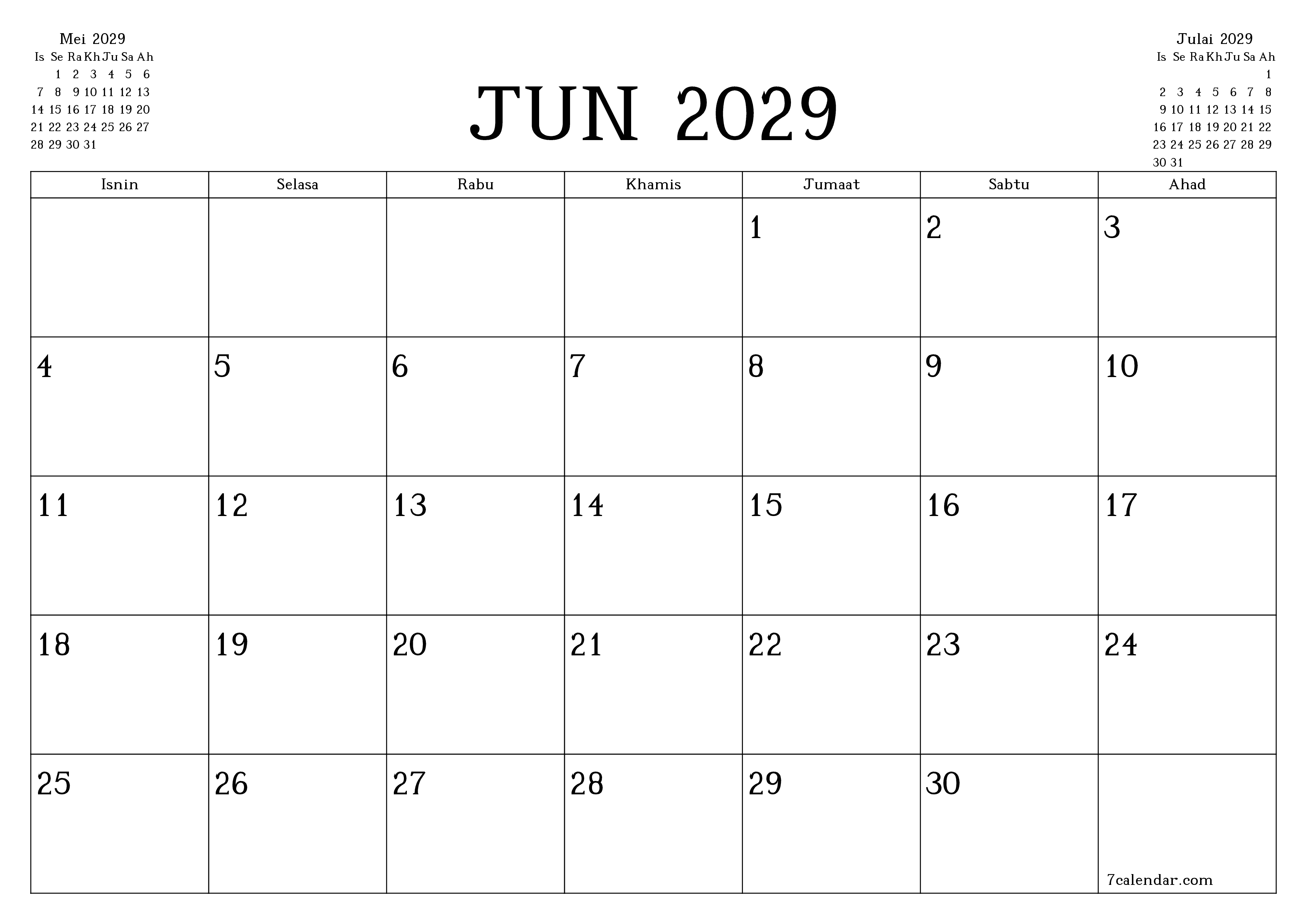 Perancang bulanan kosong untuk bulan Jun 2029 dengan nota, simpan dan cetak ke PDF PNG Malay