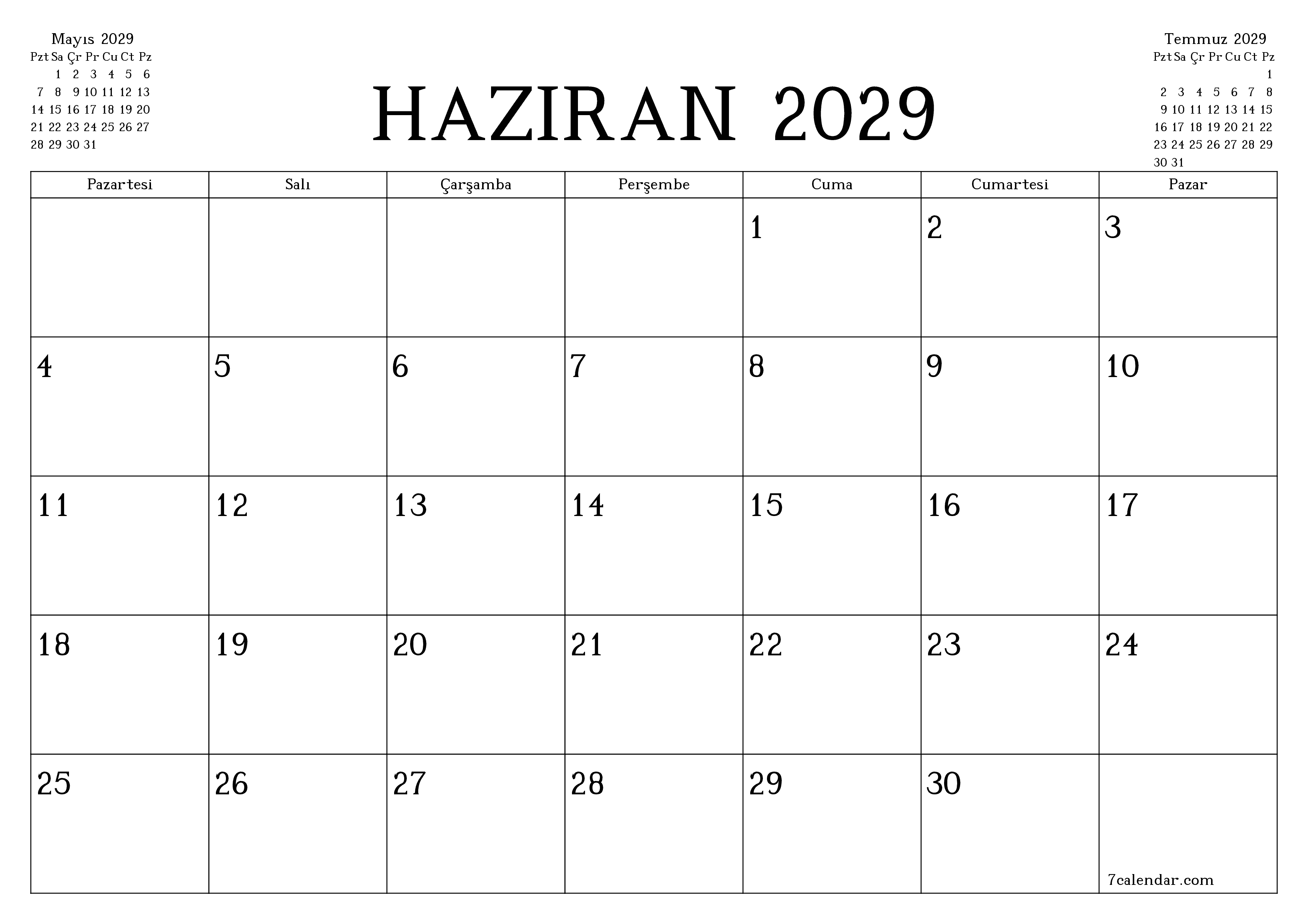 Haziran 2029 ayı için notlarla birlikte boş aylık planlayıcı, kaydedin ve PDF'ye yazdırın PNG Turkish