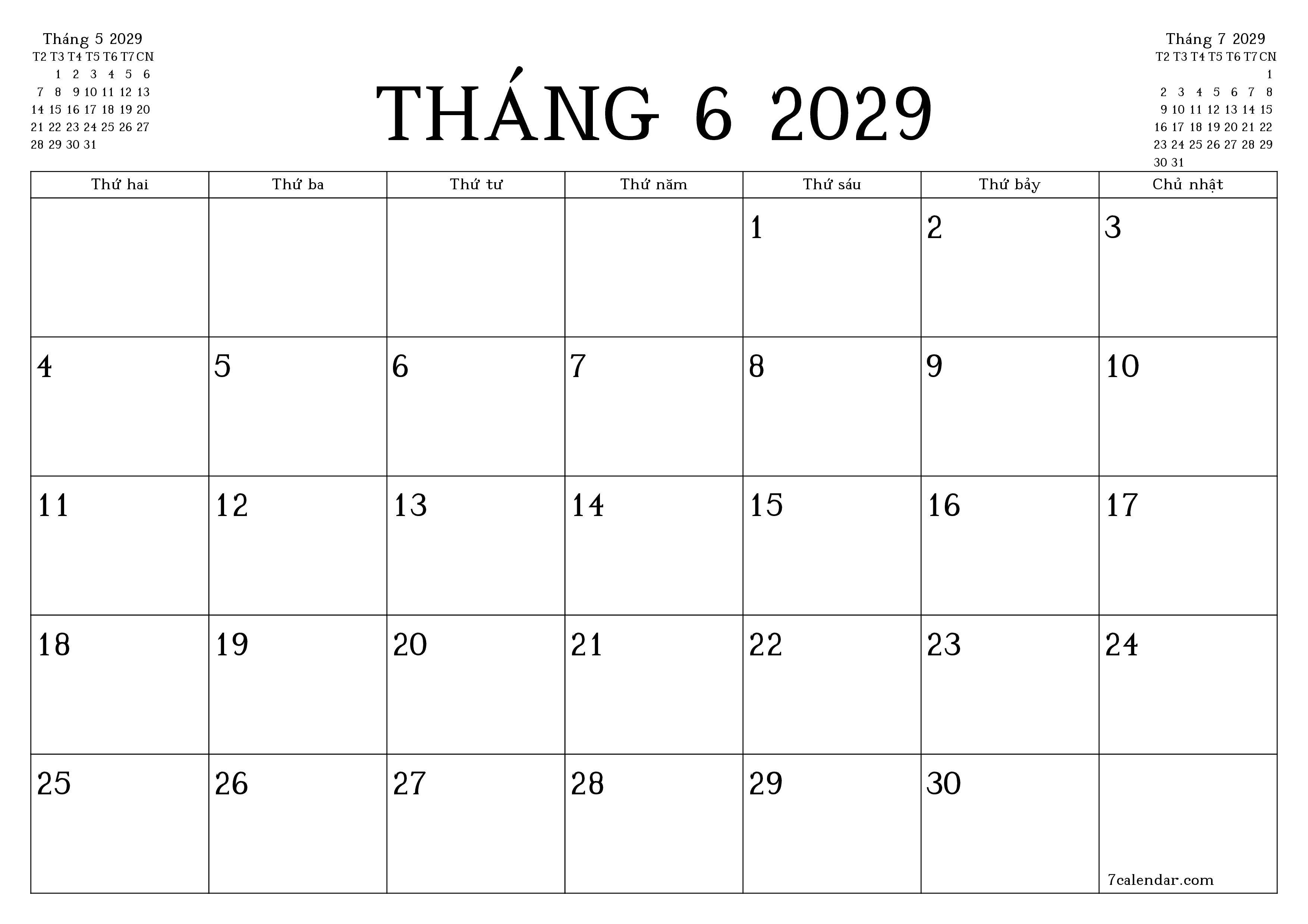 Công cụ lập kế hoạch hàng tháng trống cho tháng Tháng 6 2029 có ghi chú, lưu và in sang PDF PNG Vietnamese