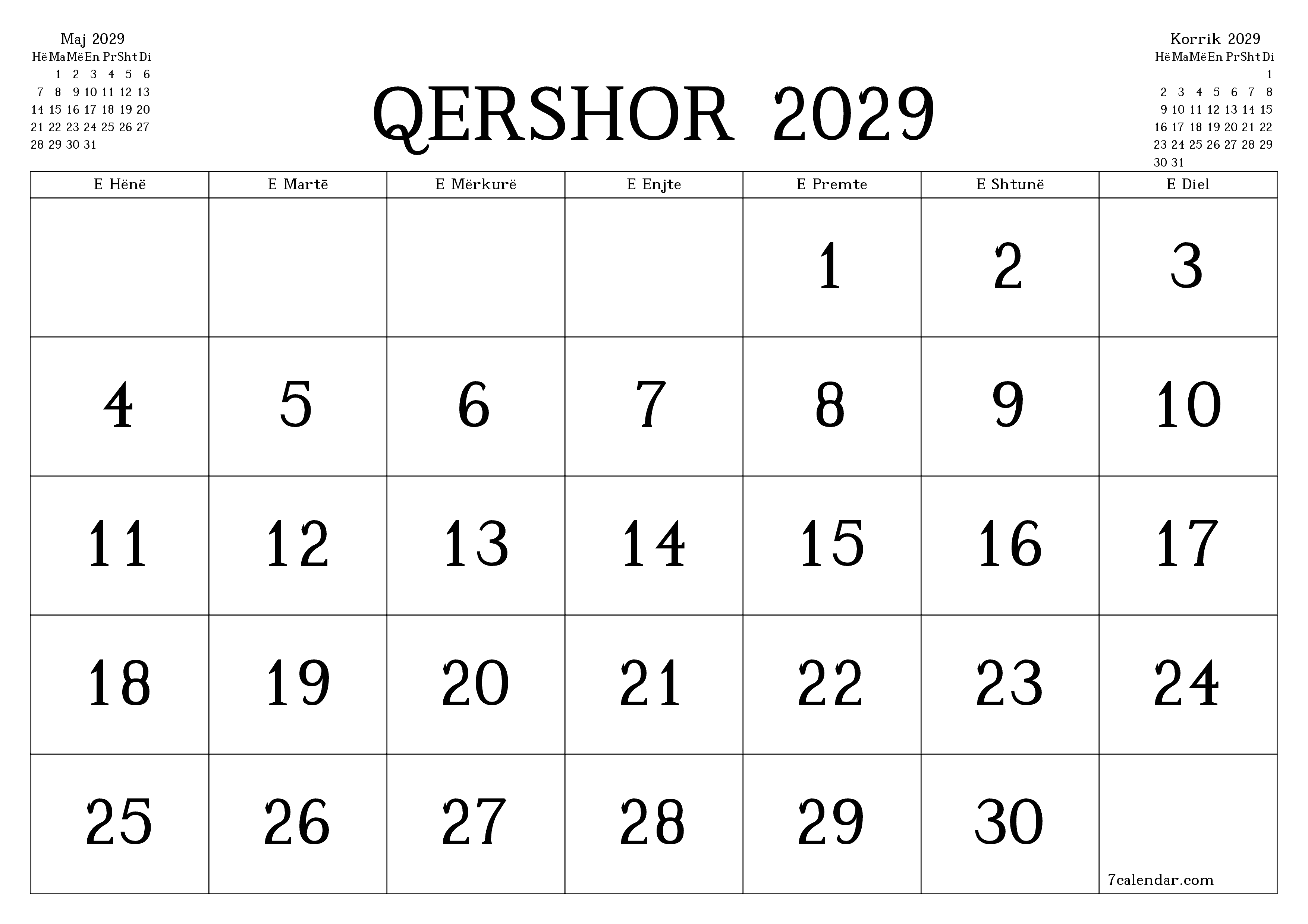 Planifikuesi i zbrazët i kalendarit mujor për muajin Qershor 2029 me shënime të ruajtura dhe të printuara në PDF PNG Albanian
