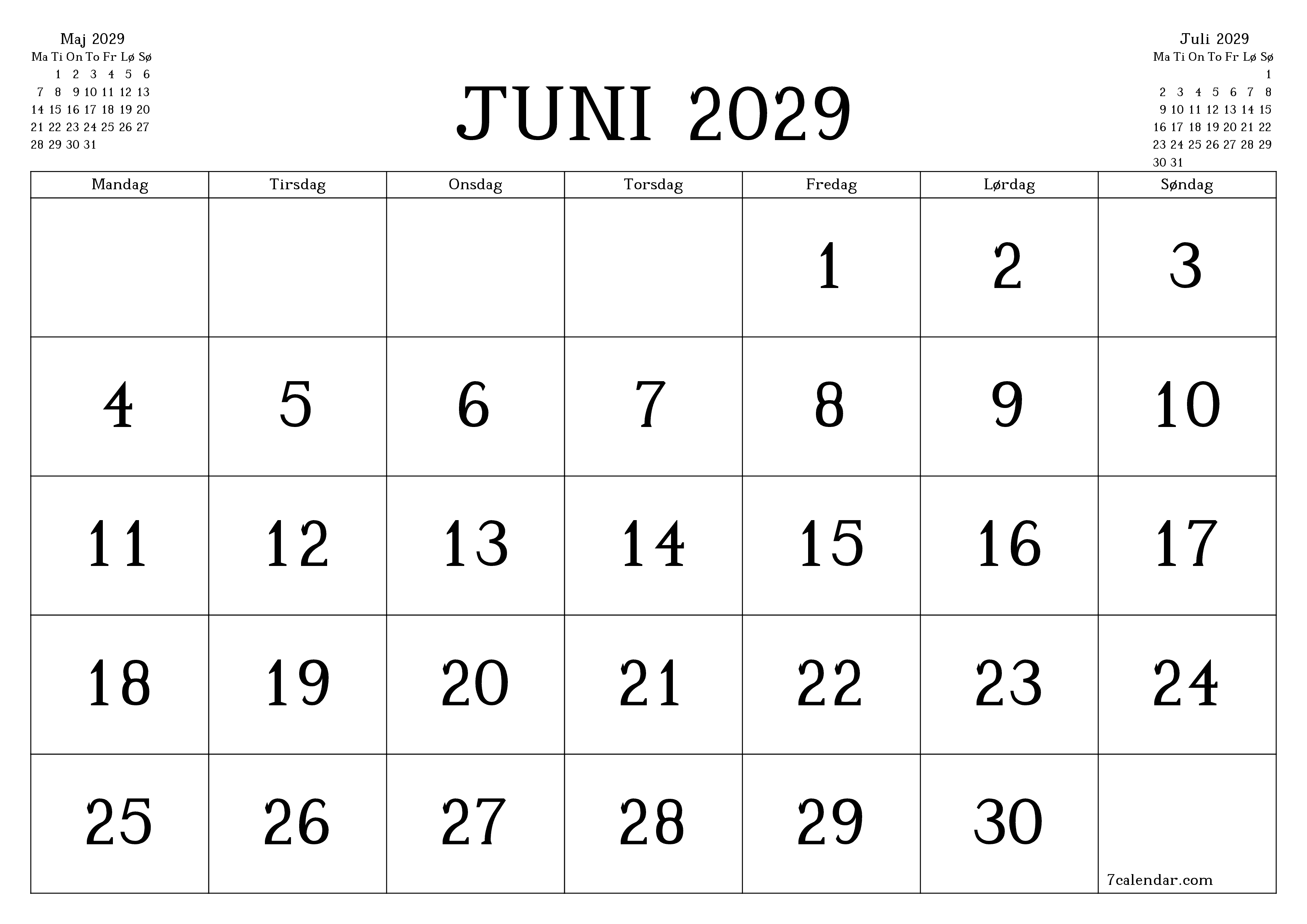 Tom månedlig planlægning for måned Juni 2029 med noter, gem og udskriv til PDF PNG Danish