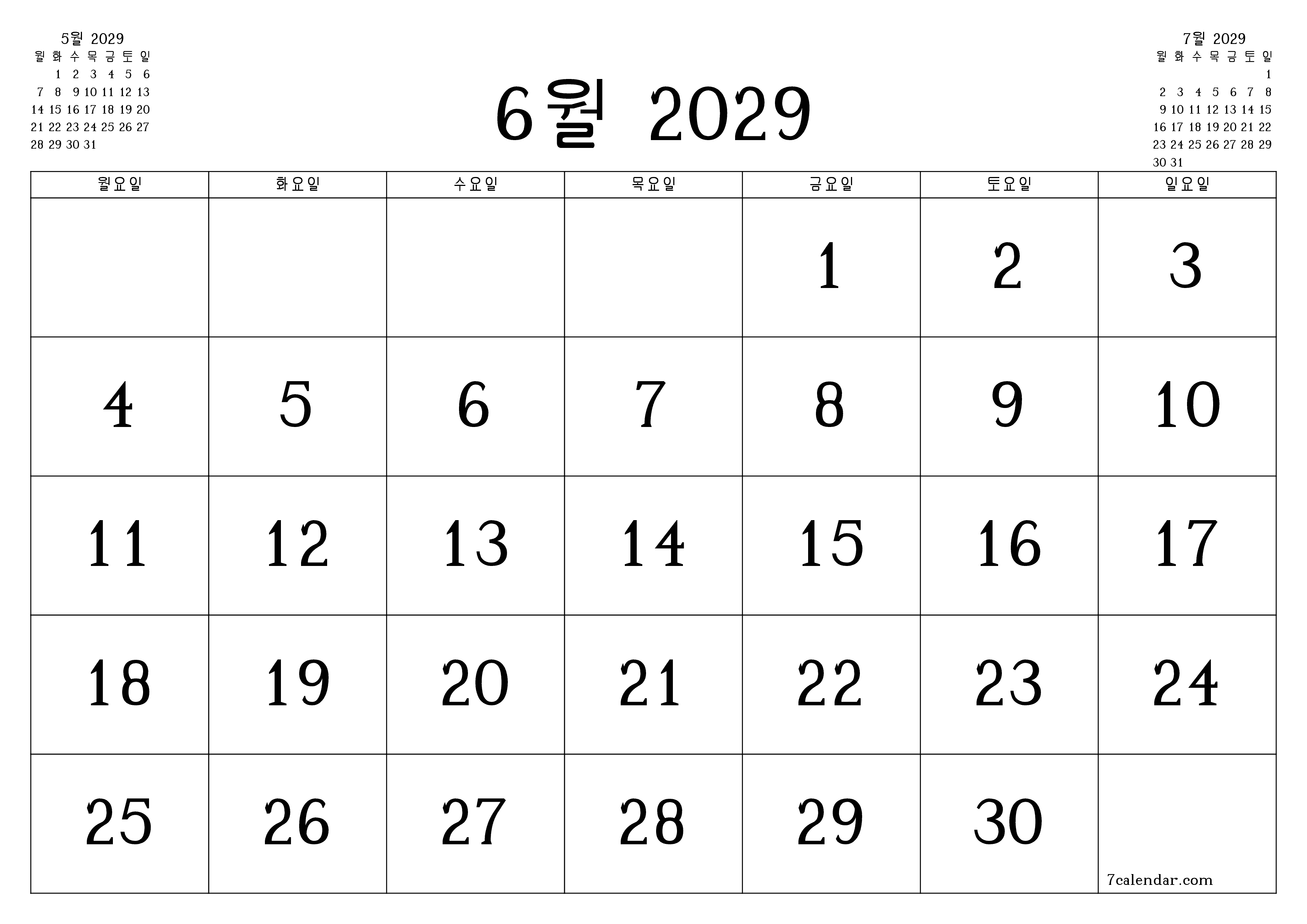 메모가있는 6월 2029 월의 월간 플래너 비우기, PDF PNG Korean-7calendar.com으로 저장 및 인쇄