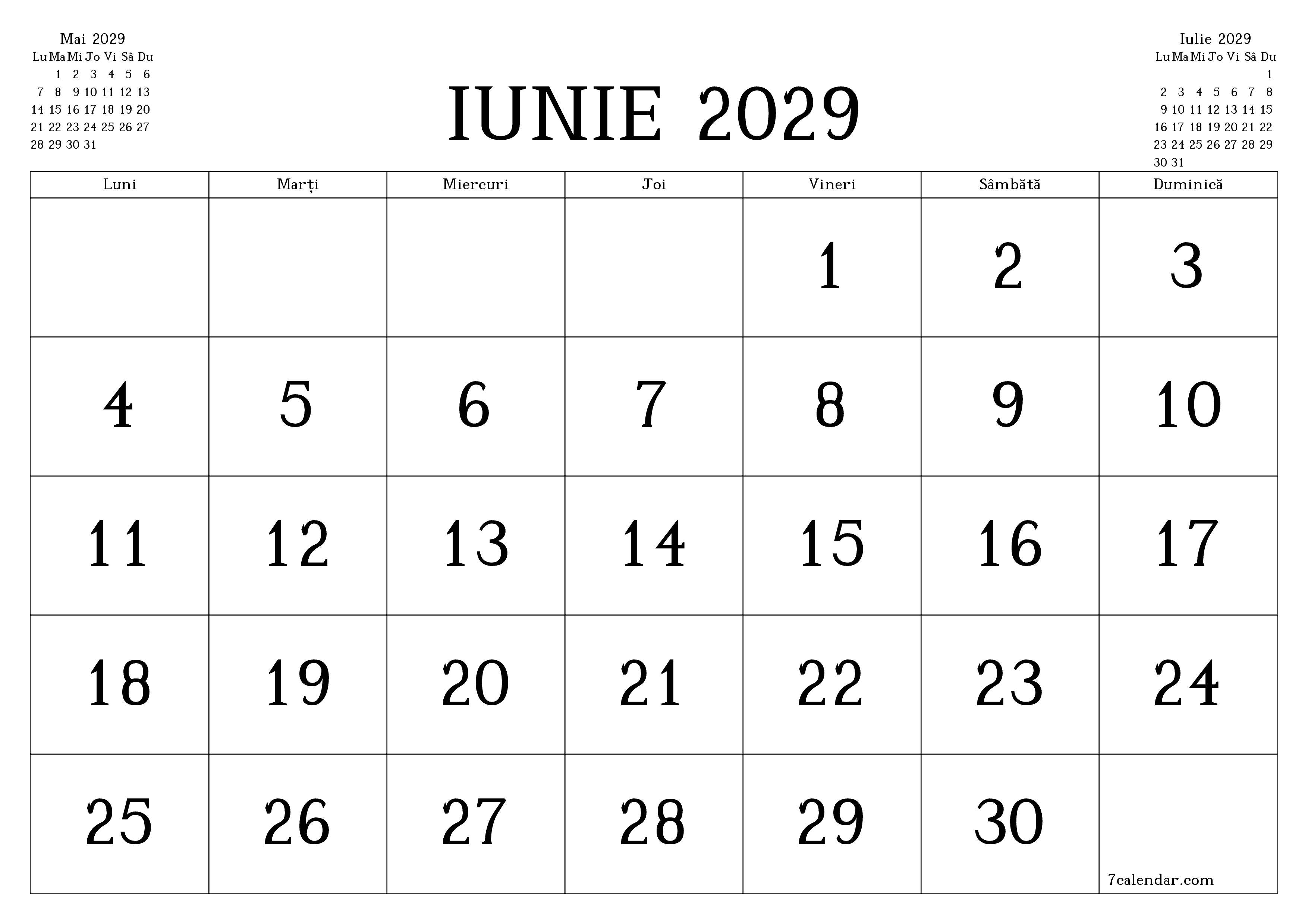Planificator lunar gol pentru luna Iunie 2029 cu note, salvați și tipăriți în PDF PNG Romanian