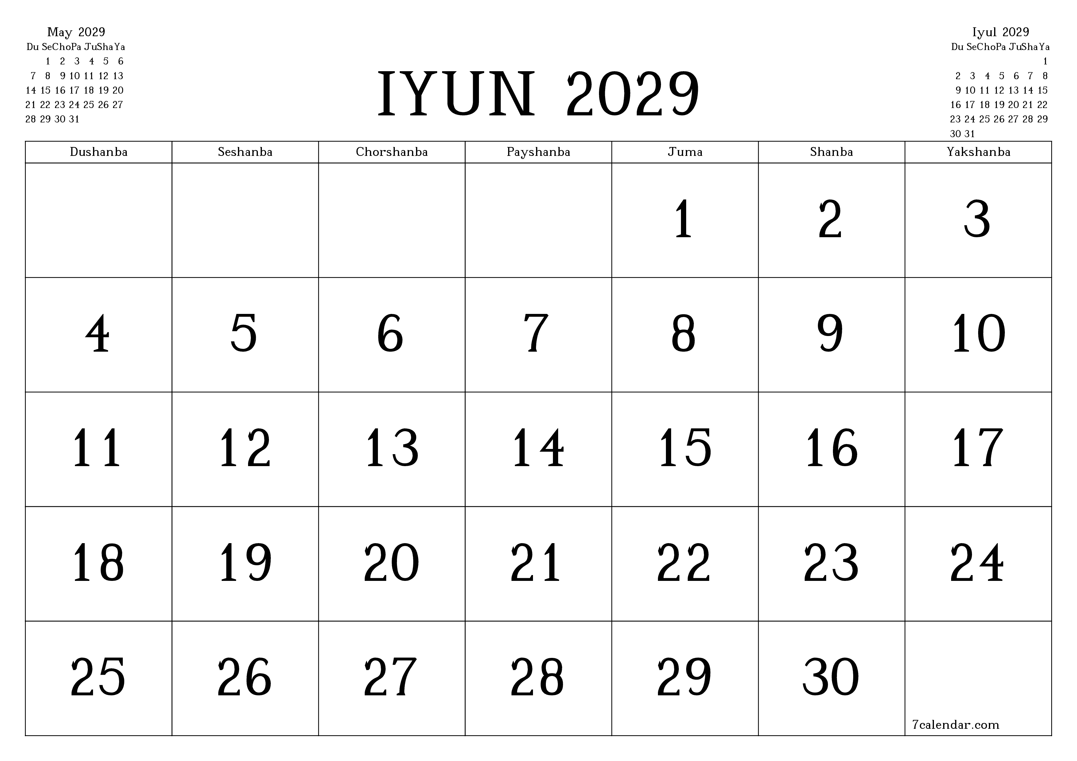 Iyun 2029 oylik oylik rejalashtiruvchini yozuvlar bilan bo'shatish, saqlash va PDF-ga chop etish PNG Uzbek