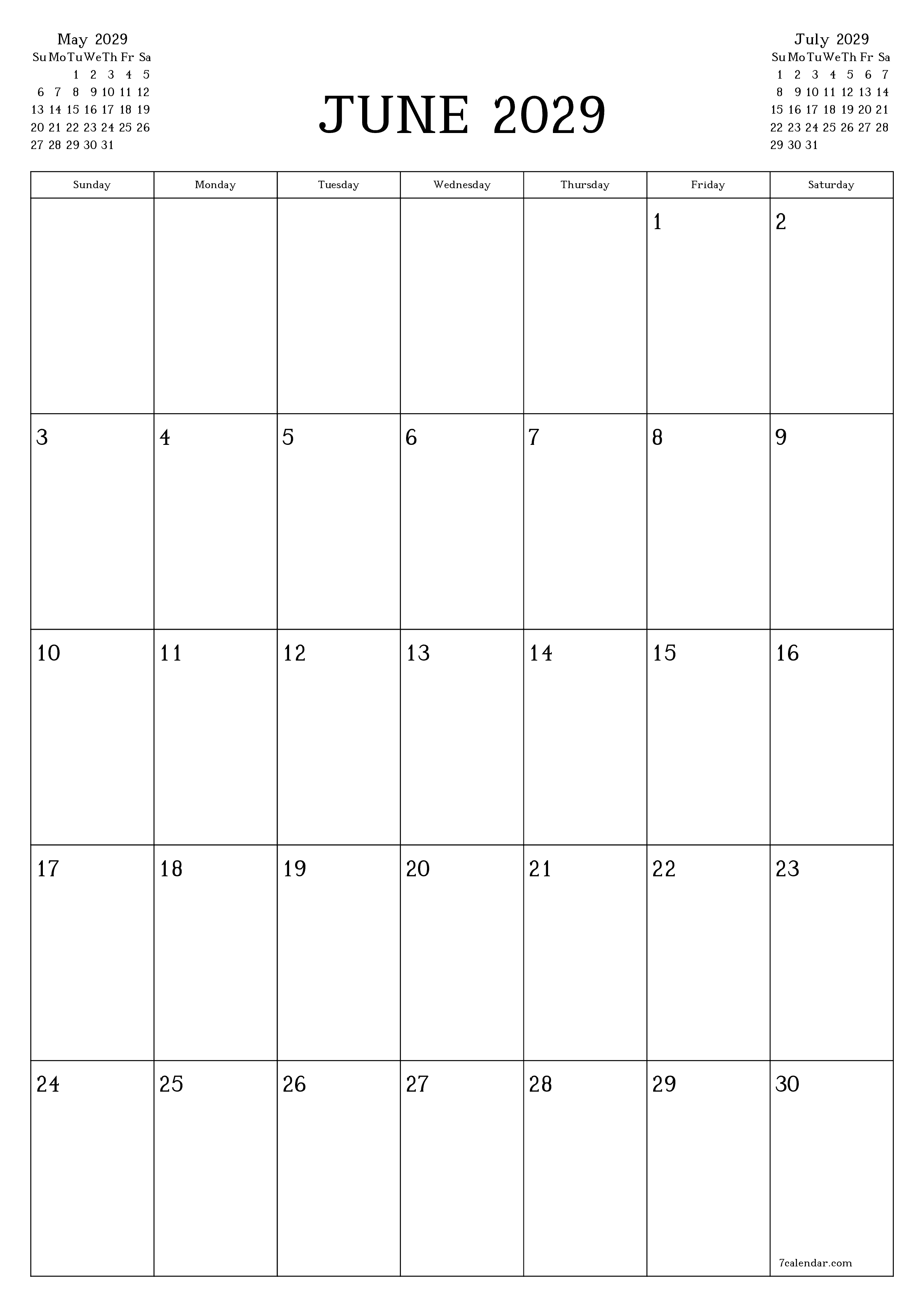 Blank calendar June 2029