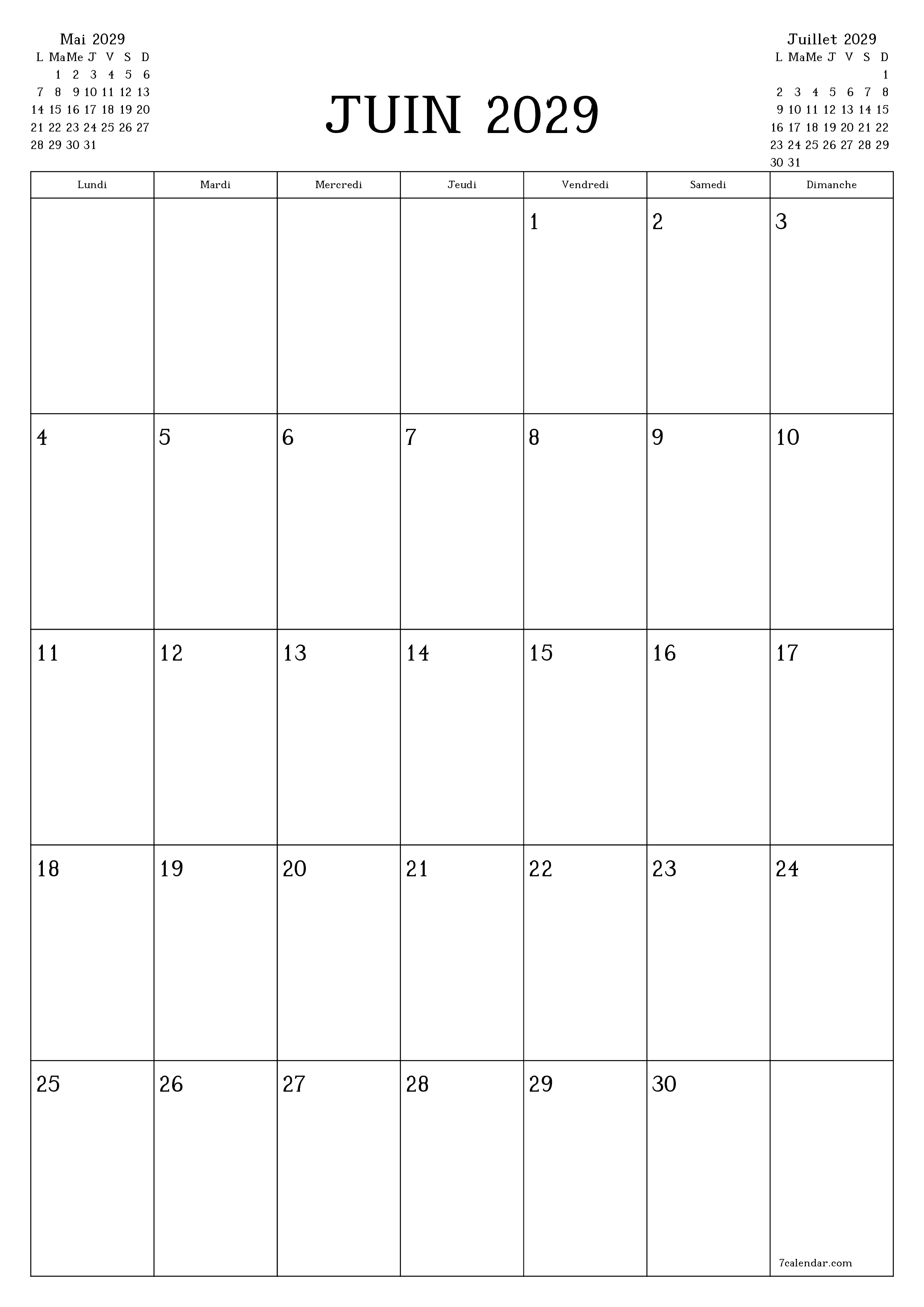  imprimable mural modèle de gratuitverticale Mensuel planificateur calendrier Juin (Jui) 2029