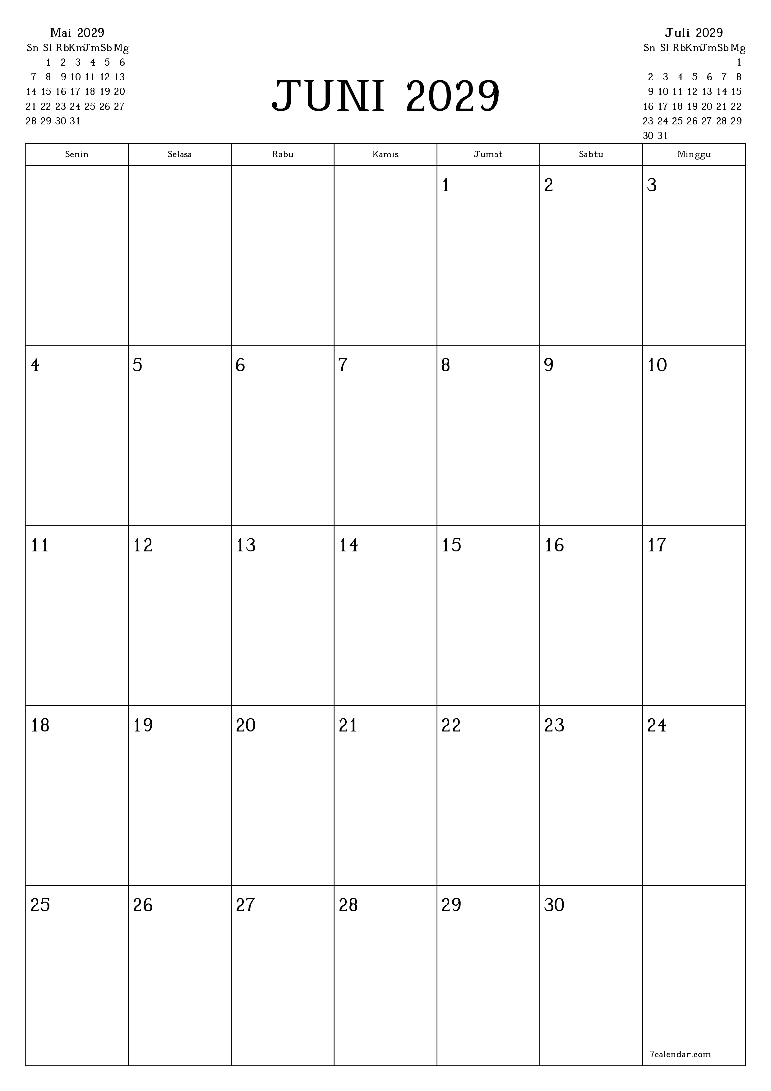  yang dapat dicetak dinding templat gratisvertikal Bulanan perencana kalender Juni (Jun) 2029