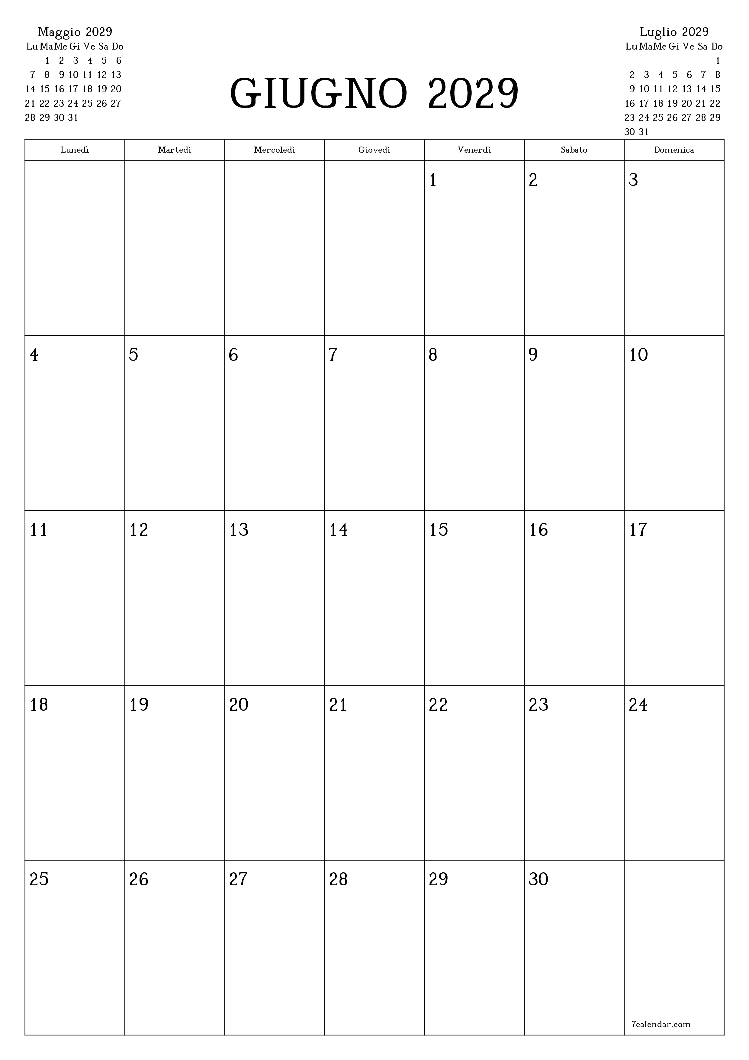  stampabile da parete modello di gratuitoverticale Mensile pianificatore calendario Giugno (Giu) 2029